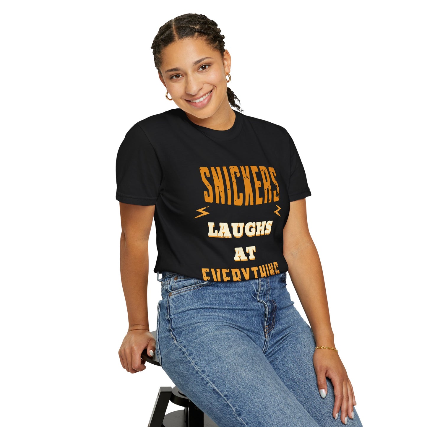 Cheerful 'Laughs at Everything' T-Shirt - coworker/friend Inspired Humorous Fun Shirt
