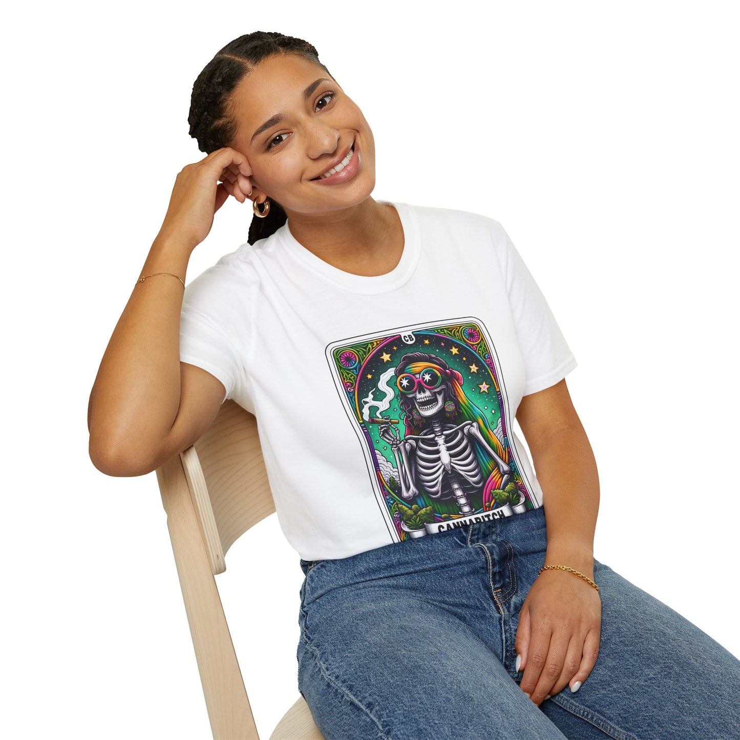 Psychedelic “Cannabitch” Tarot Skeleton T‑Shirt – Trippy Rainbow Weed Art for Stoner Queens