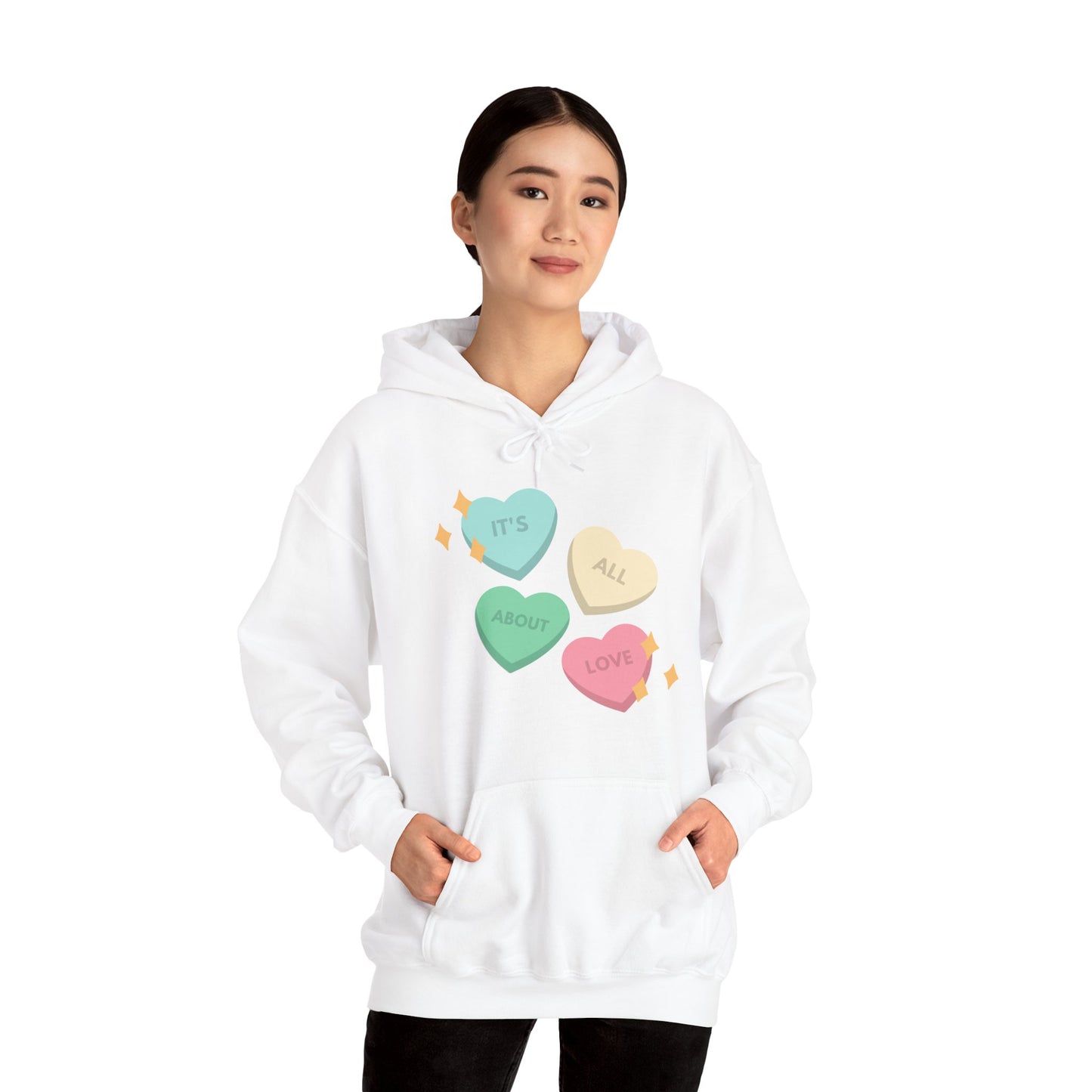 It's All About Love" Pastel Heart Hoodie | Retro Candy Style Sweatshirt | Aesthetic Love Graphic Pullover  Description: