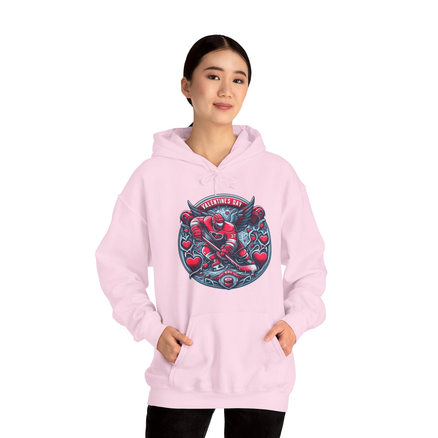 Valentines Day Hockey Hoodie, Romantic Sports Gift, Unisex Heart Hockey Graphic Pullover, Casual Comfortable Sporty Apparel