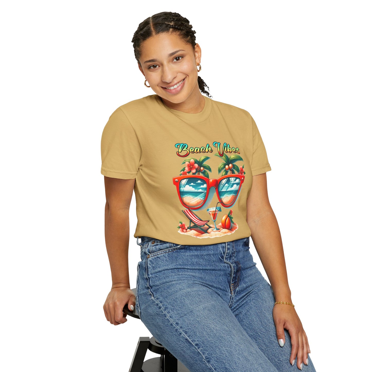 Beach Vibes Graphic Tee – Retro Sunglasses, Palm Trees & Sunset Summer Shirt