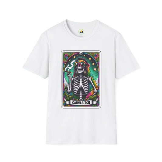Psychedelic “Cannabitch” Tarot Skeleton T‑Shirt – Trippy Rainbow Weed Art for Stoner Queens