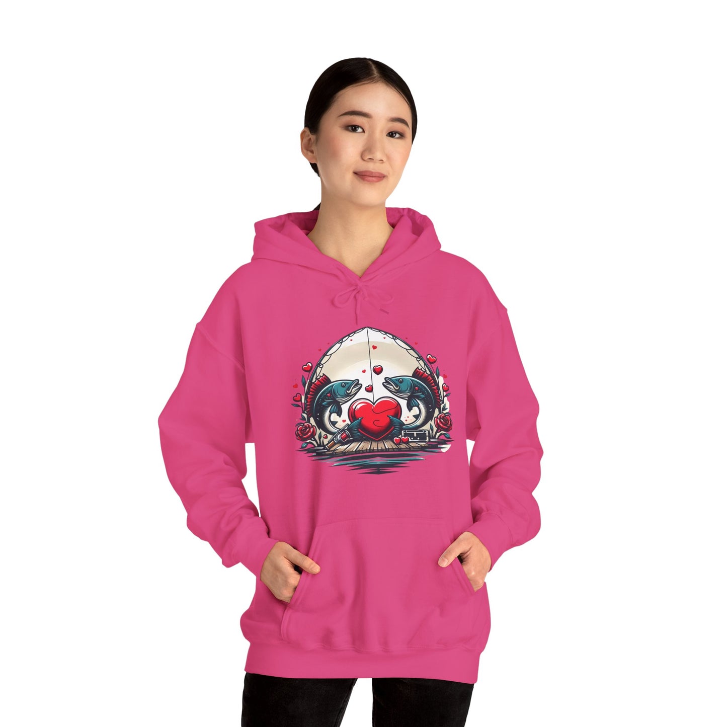 Unique Fish Love Heart Hoodie Unisex Fishing Themed Sweatshirt Graphic Hoodie With Rose Detail Romantic Angler Gift