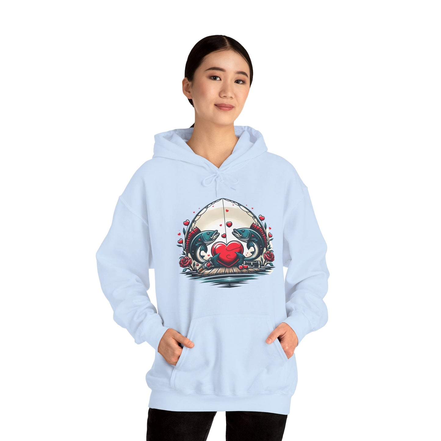 Unique Fish Love Heart Hoodie Unisex Fishing Themed Sweatshirt Graphic Hoodie With Rose Detail Romantic Angler Gift