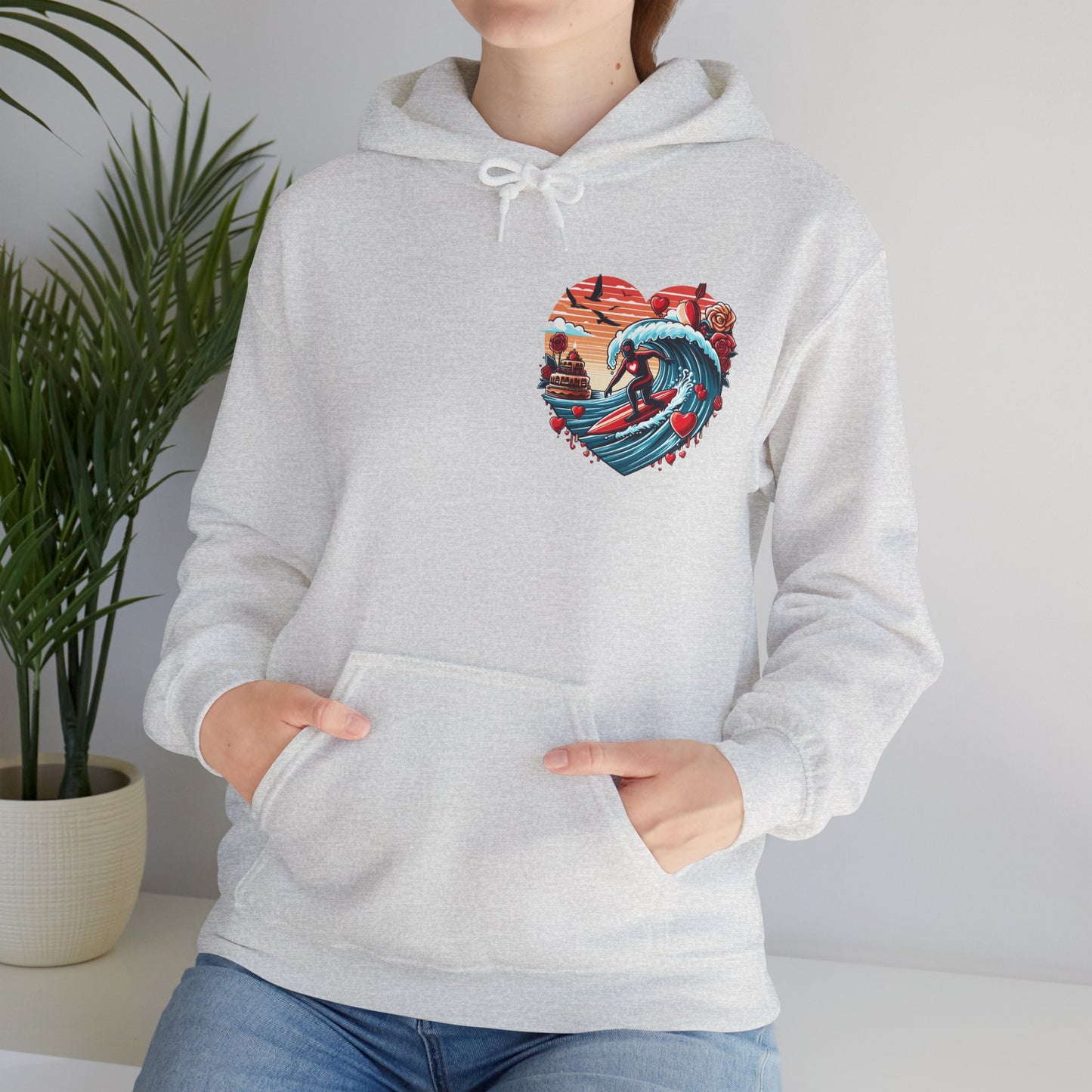Surfing Love Heart Hoodie Surfer Wave Unisex Sweatshirt - Viral Romantic Beach Gift
