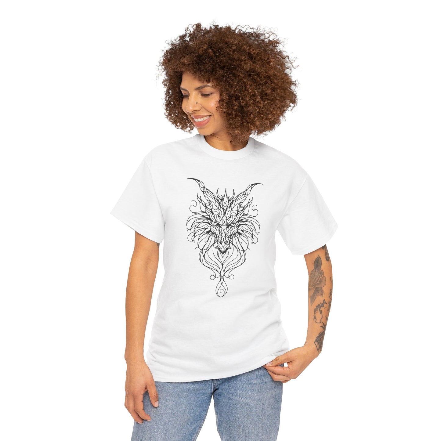 Dragon Line Art Shirt | Mythical Creature Sketch Tee | Minimalist Tattoo Style Top | Intricate Fantasy Art Gift | Unisex White T-Shirt