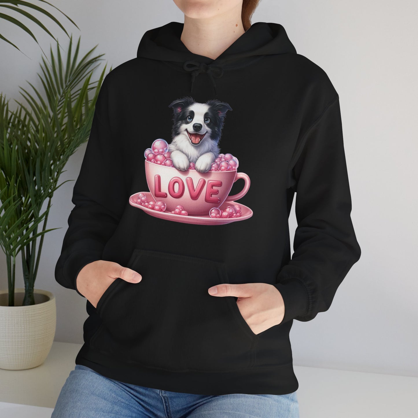 Viral Puppy Love Border Collie Hoodie - Cute Dog in Pink Cup Graphic Unisex Sweatshirt - Adorable Gift for Border Collie Lovers