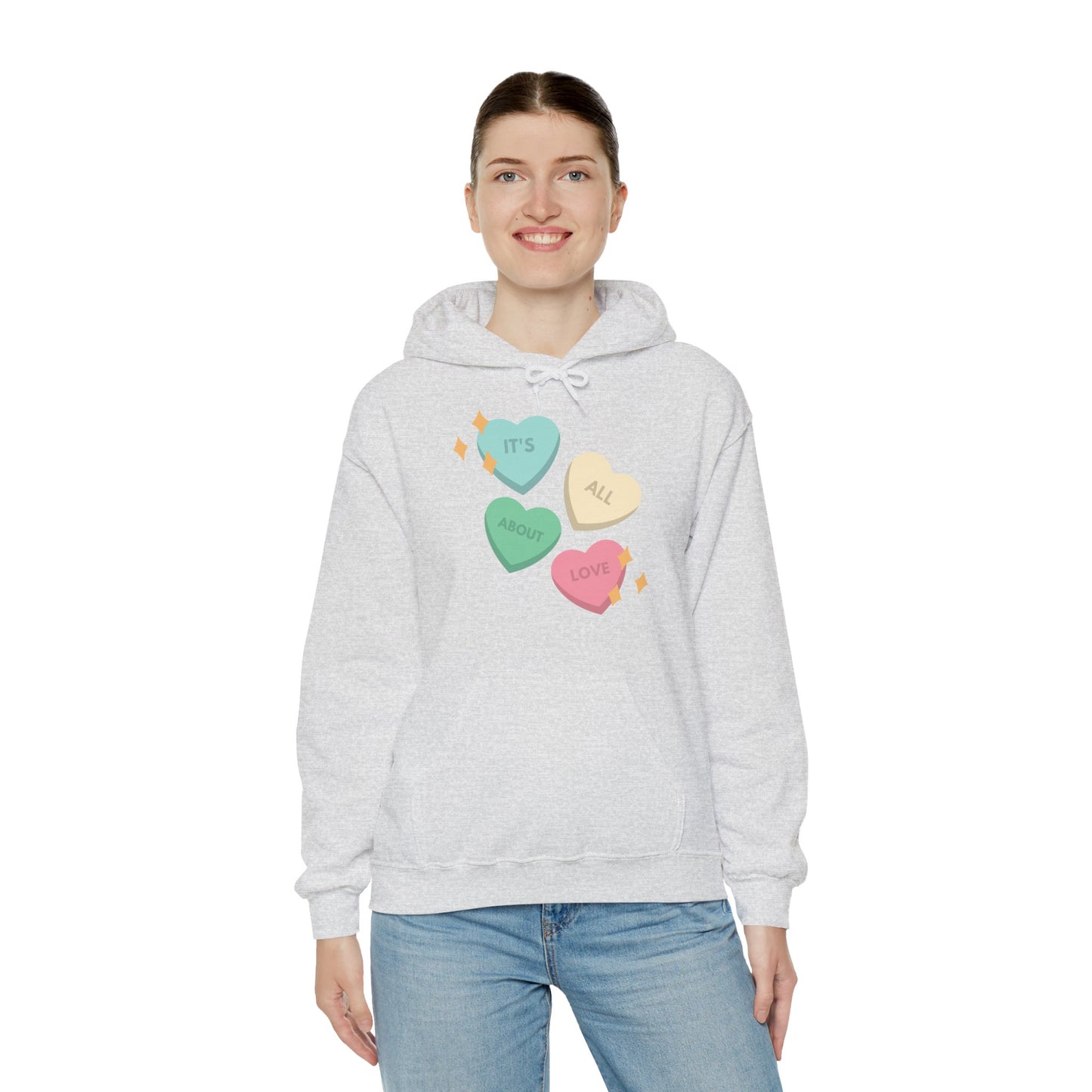 It's All About Love" Pastel Heart Hoodie | Retro Candy Style Sweatshirt | Aesthetic Love Graphic Pullover  Description: