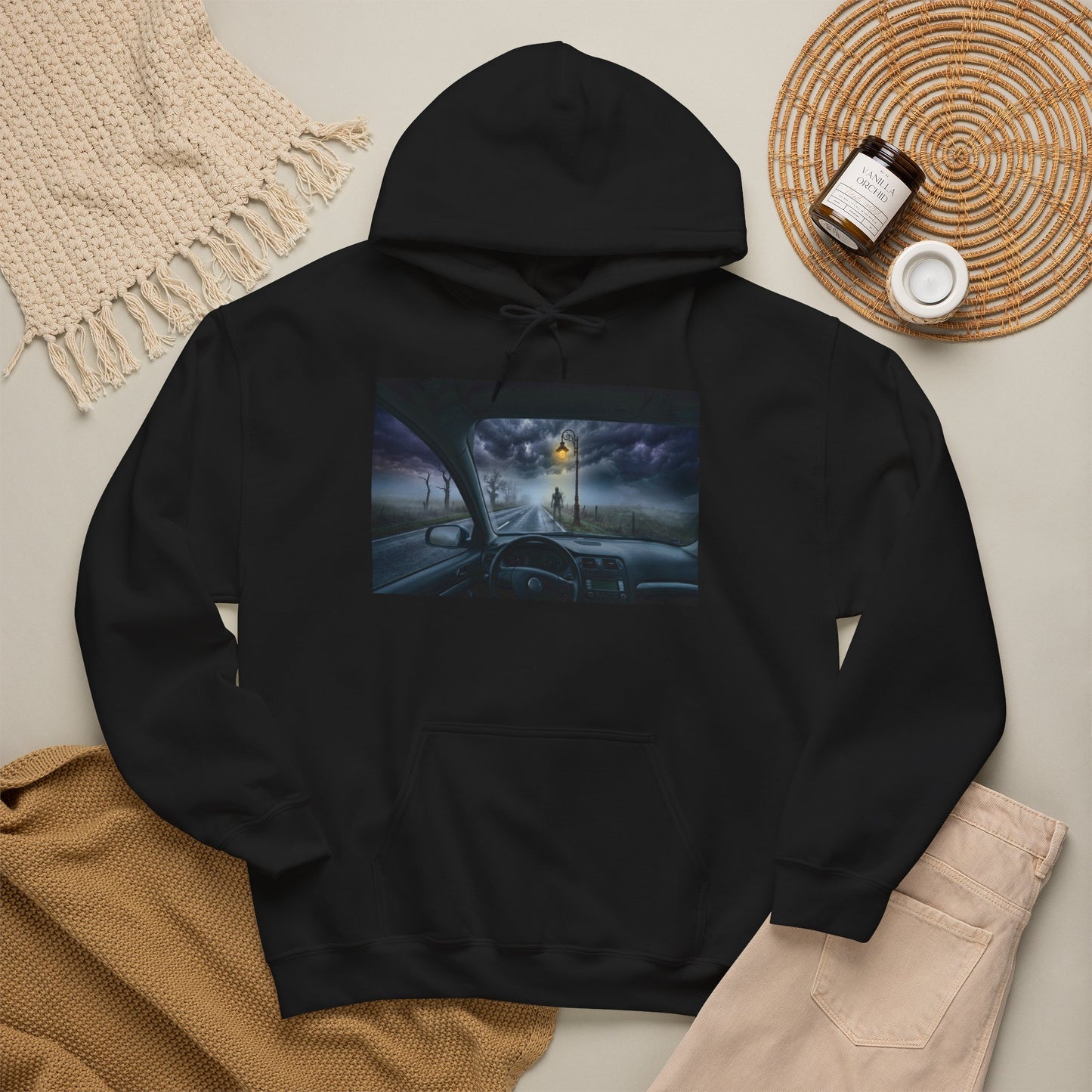 Roadside Encounter Hoodie | Eerie Figure on a Foggy Country Road