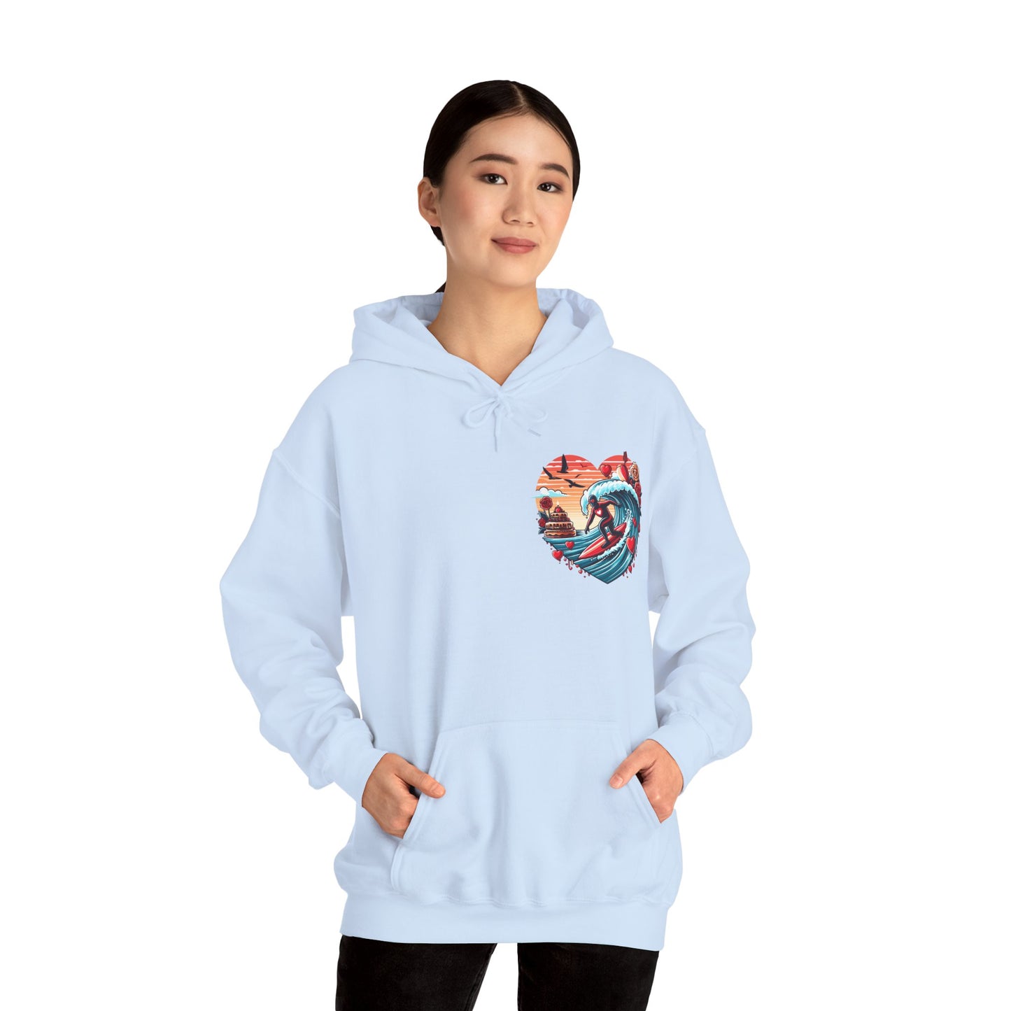 Surfing Love Heart Hoodie Surfer Wave Unisex Sweatshirt - Viral Romantic Beach Gift