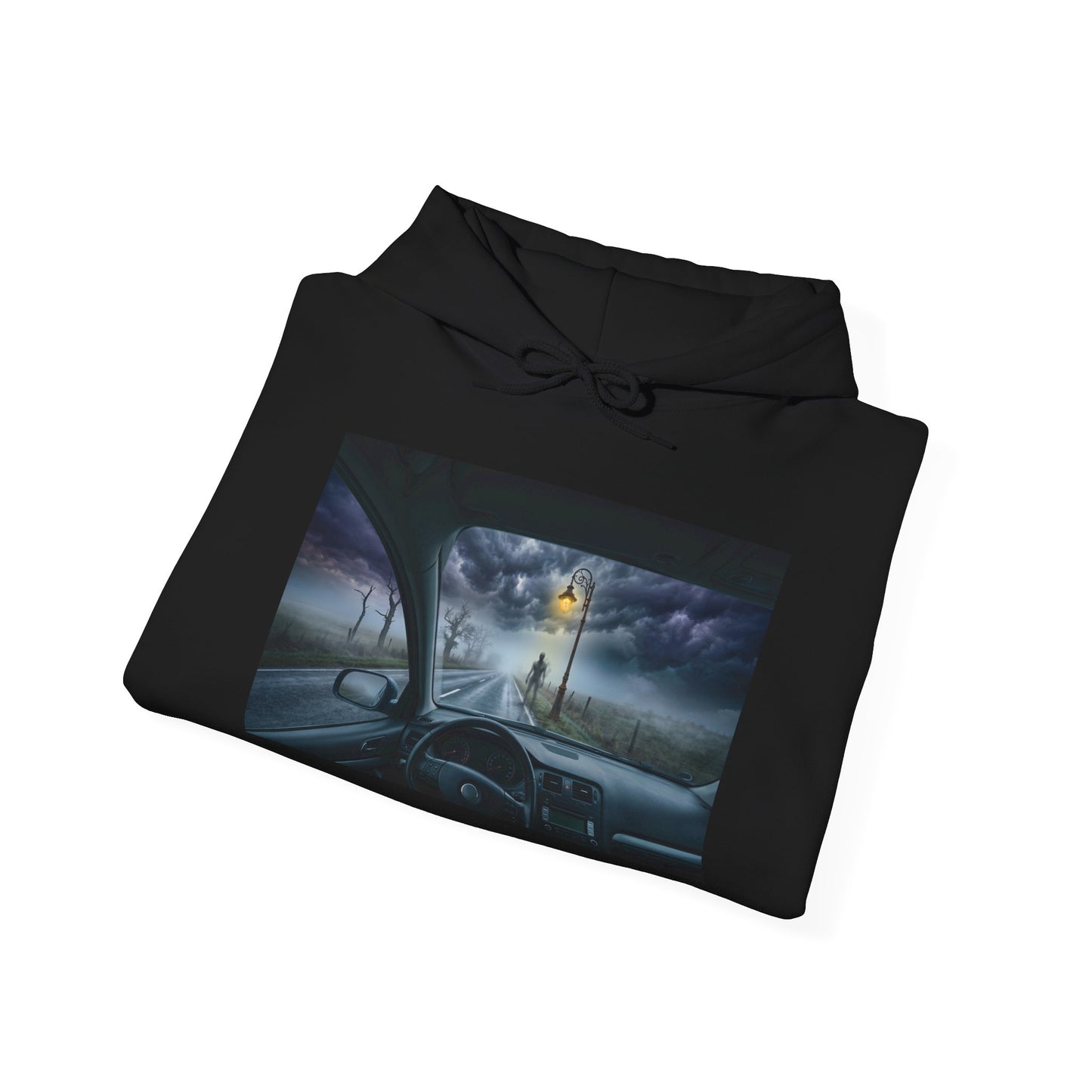 Roadside Encounter Hoodie | Eerie Figure on a Foggy Country Road