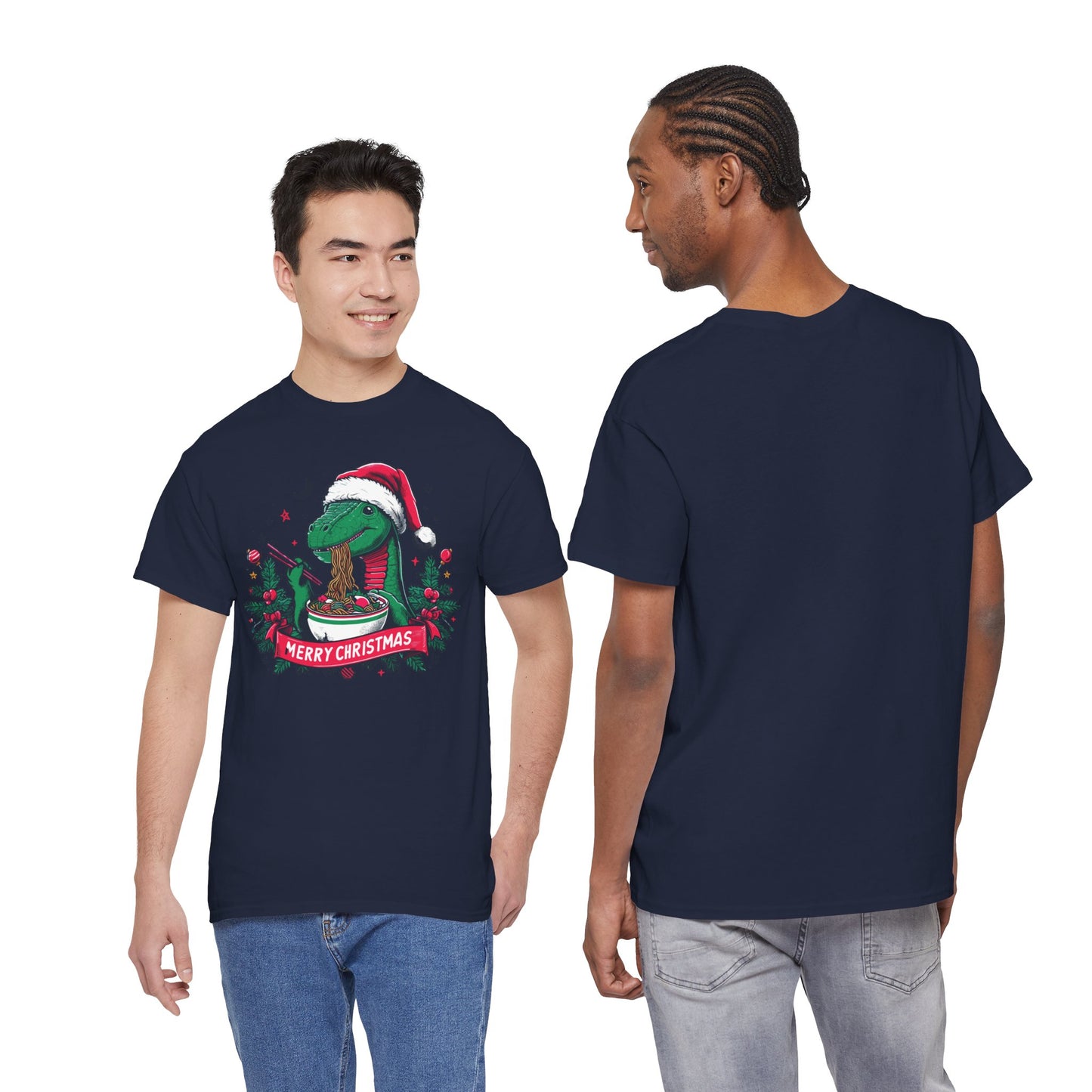 Festive Dinosaur Enjoying Ramen: A Merry Christmas Greetings Unisex Tee