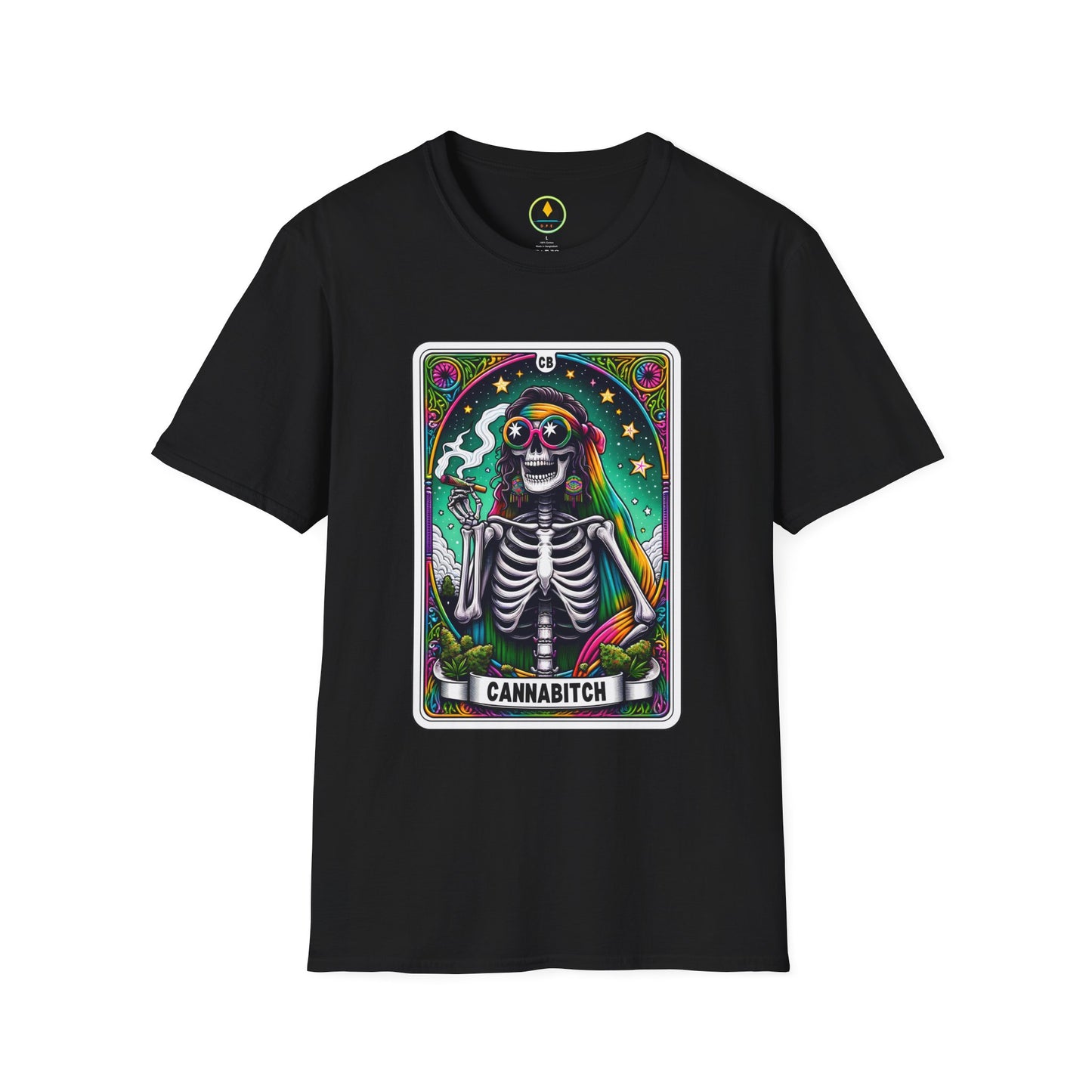 Psychedelic “Cannabitch” Tarot Skeleton T‑Shirt – Trippy Rainbow Weed Art for Stoner Queens