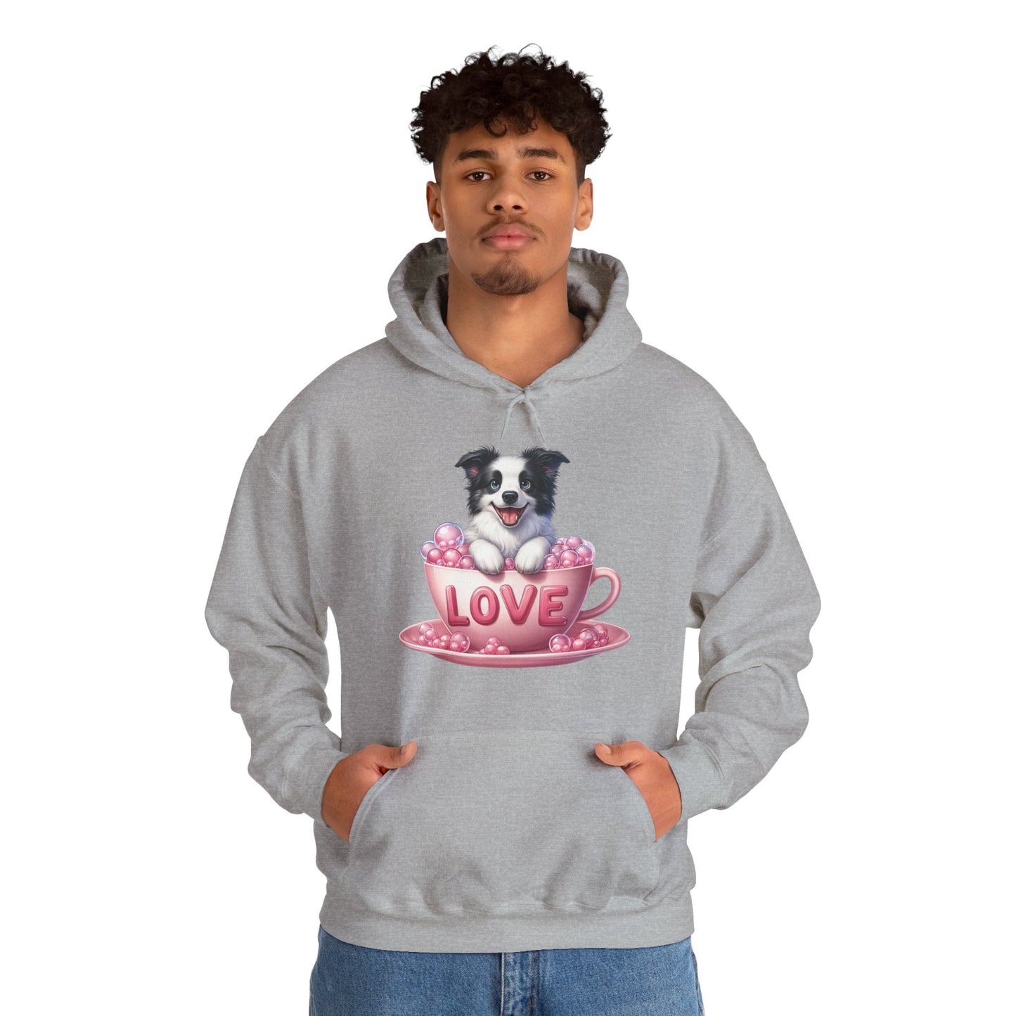 Viral Puppy Love Border Collie Hoodie - Cute Dog in Pink Cup Graphic Unisex Sweatshirt - Adorable Gift for Border Collie Lovers