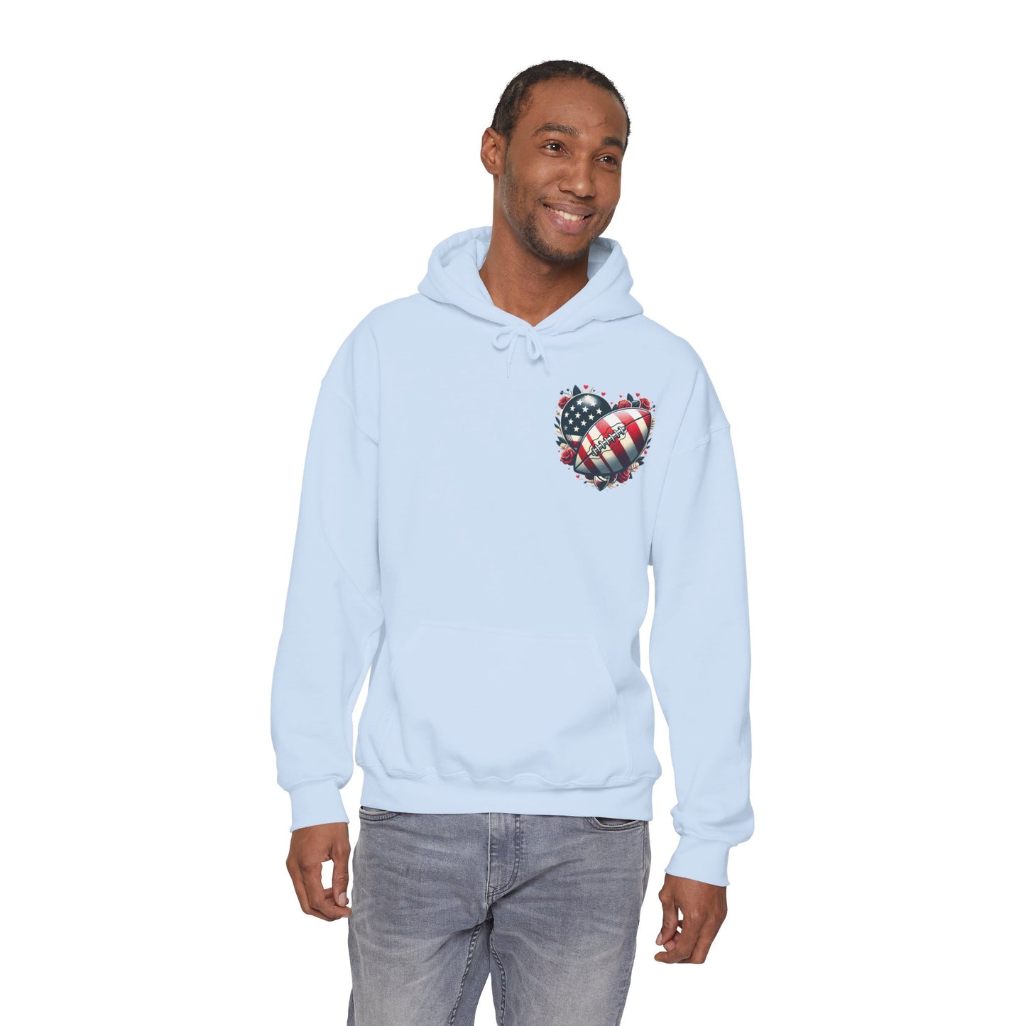 Touchdown Soul: Patriotic American Flag Football Heart Hoodie