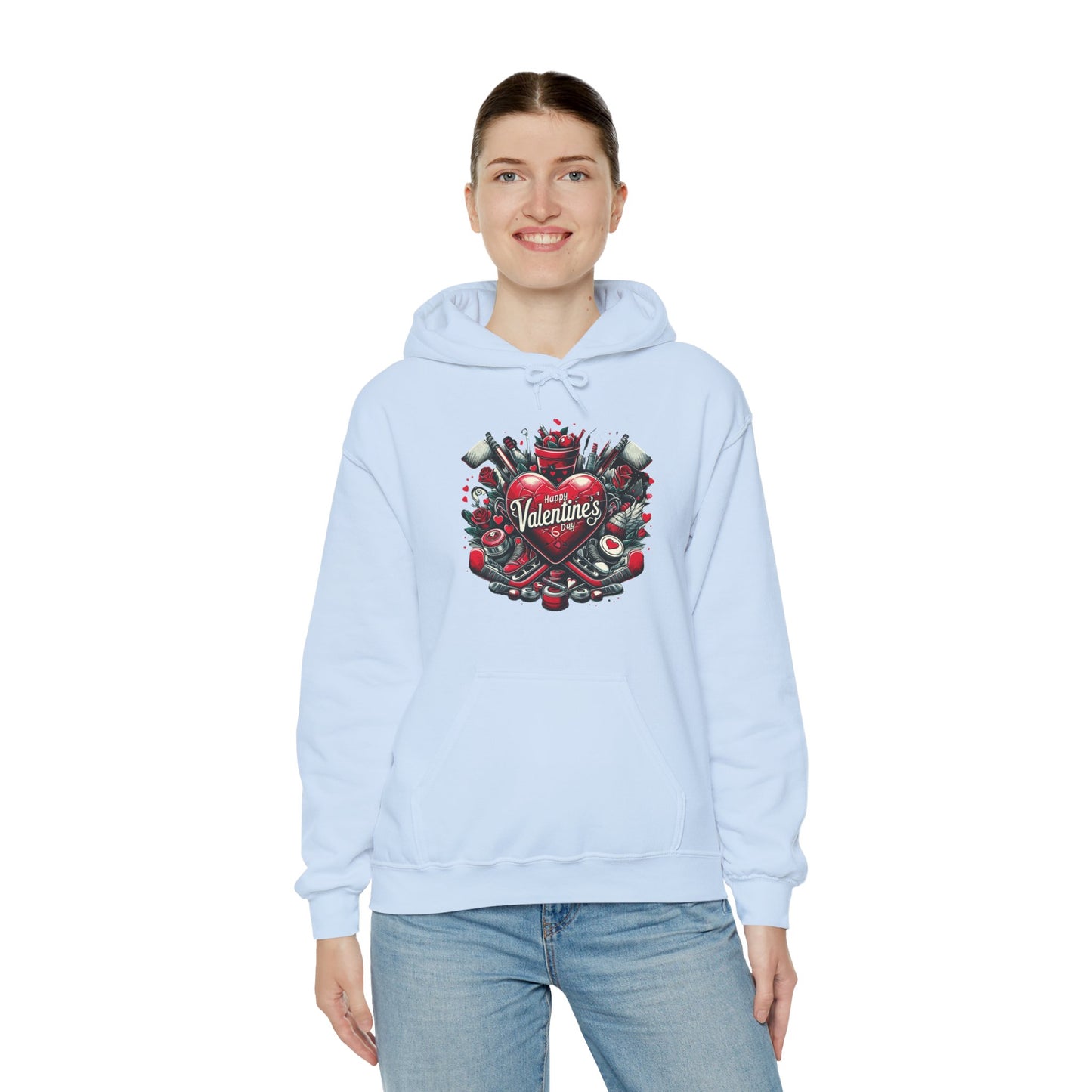 Valentine's Day Heart and Roses Hoodie, Romantic Couple Skatewear, Love ice hockey Themed Sweatshirt