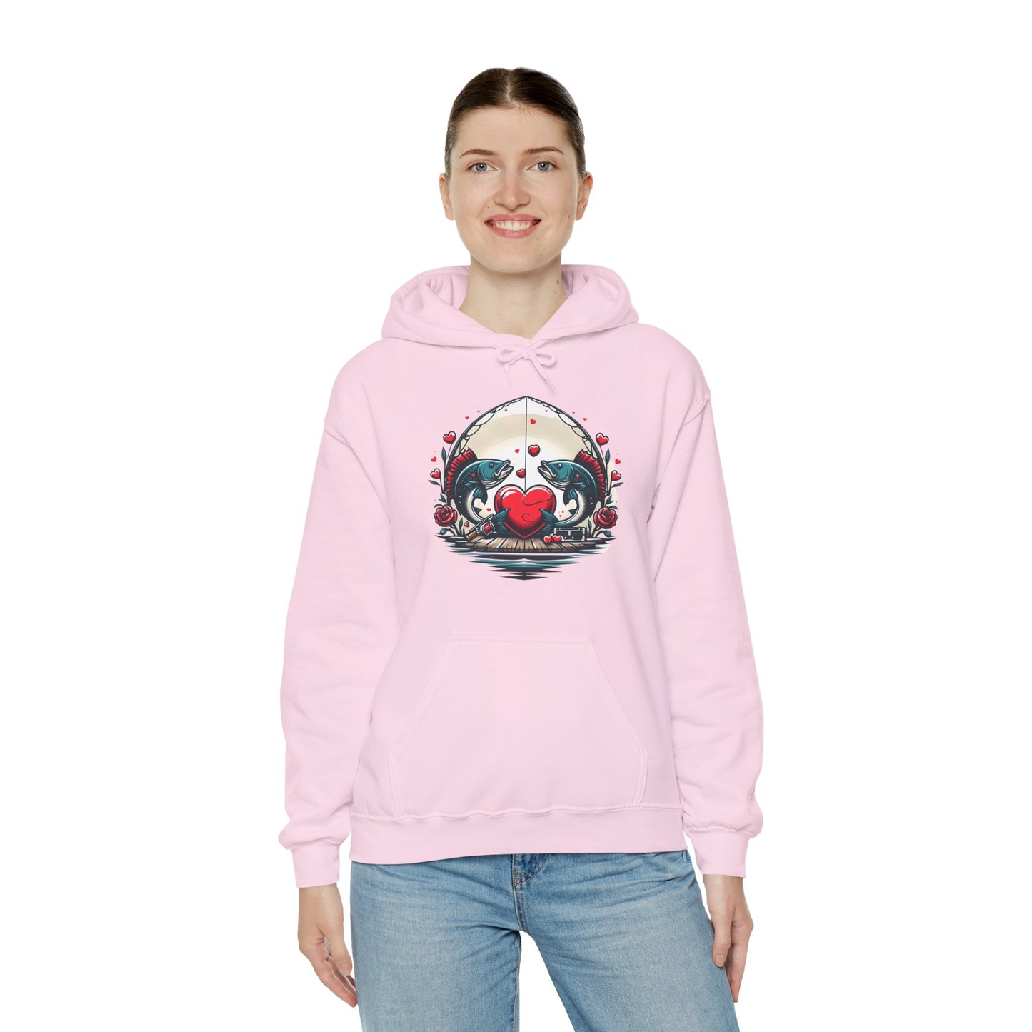 Unique Fish Love Heart Hoodie Unisex Fishing Themed Sweatshirt Graphic Hoodie With Rose Detail Romantic Angler Gift