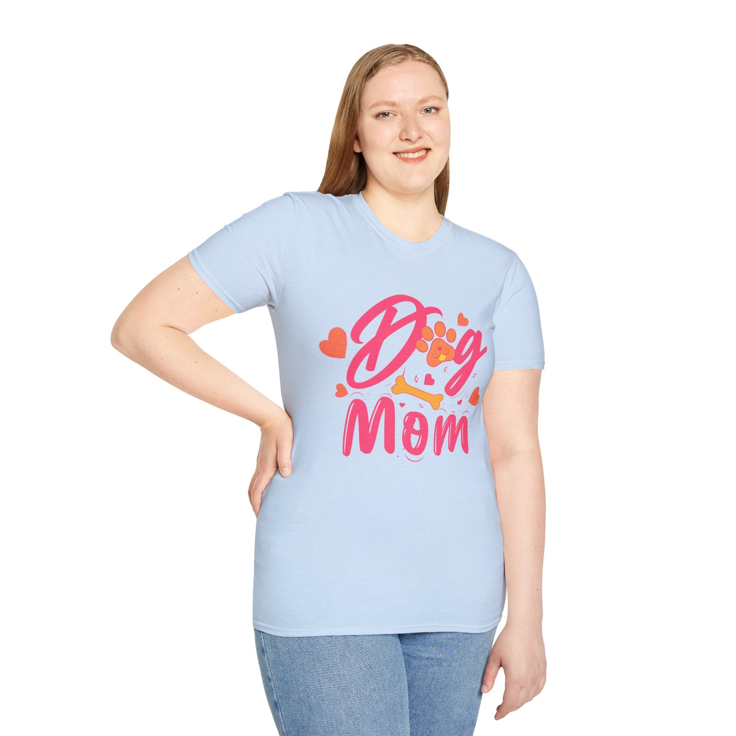 Cute Dog Mom T‑Shirt – Pink Hearts, Paw Print & Bone Graphic for Proud Pup Mamas