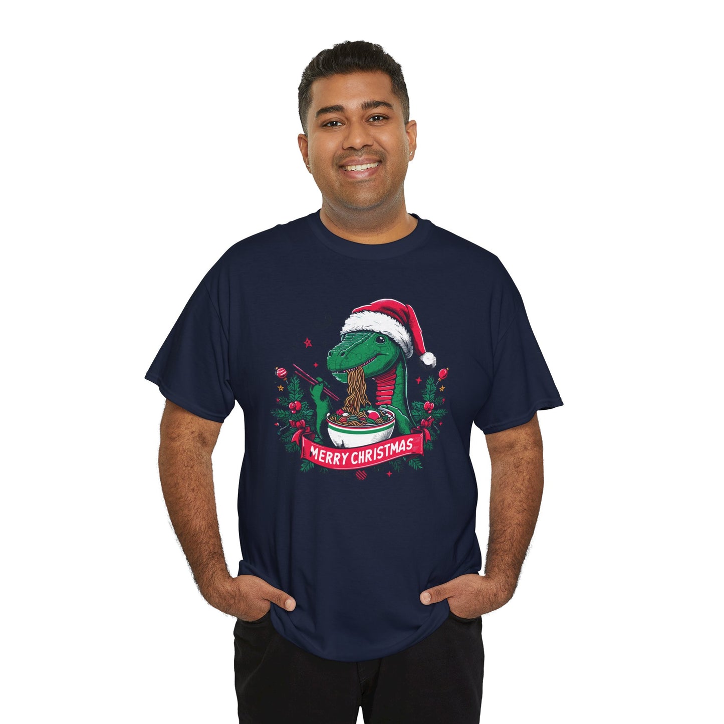 Festive Dinosaur Enjoying Ramen: A Merry Christmas Greetings Unisex Tee