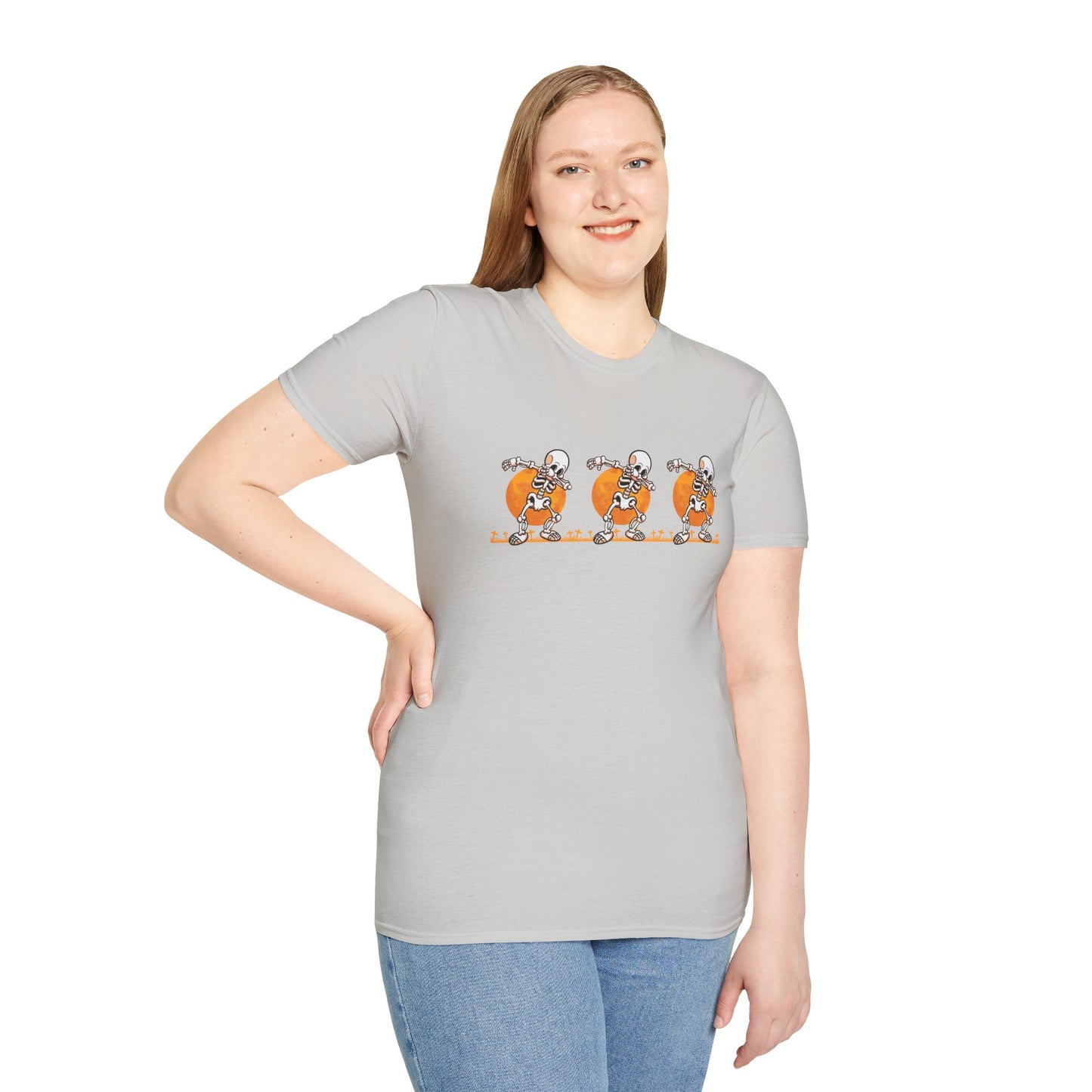 Moonlit Macabre: Dancing Skeleton Halloween T-Shirt – Spooky Unisex Softstyle T-Shirt