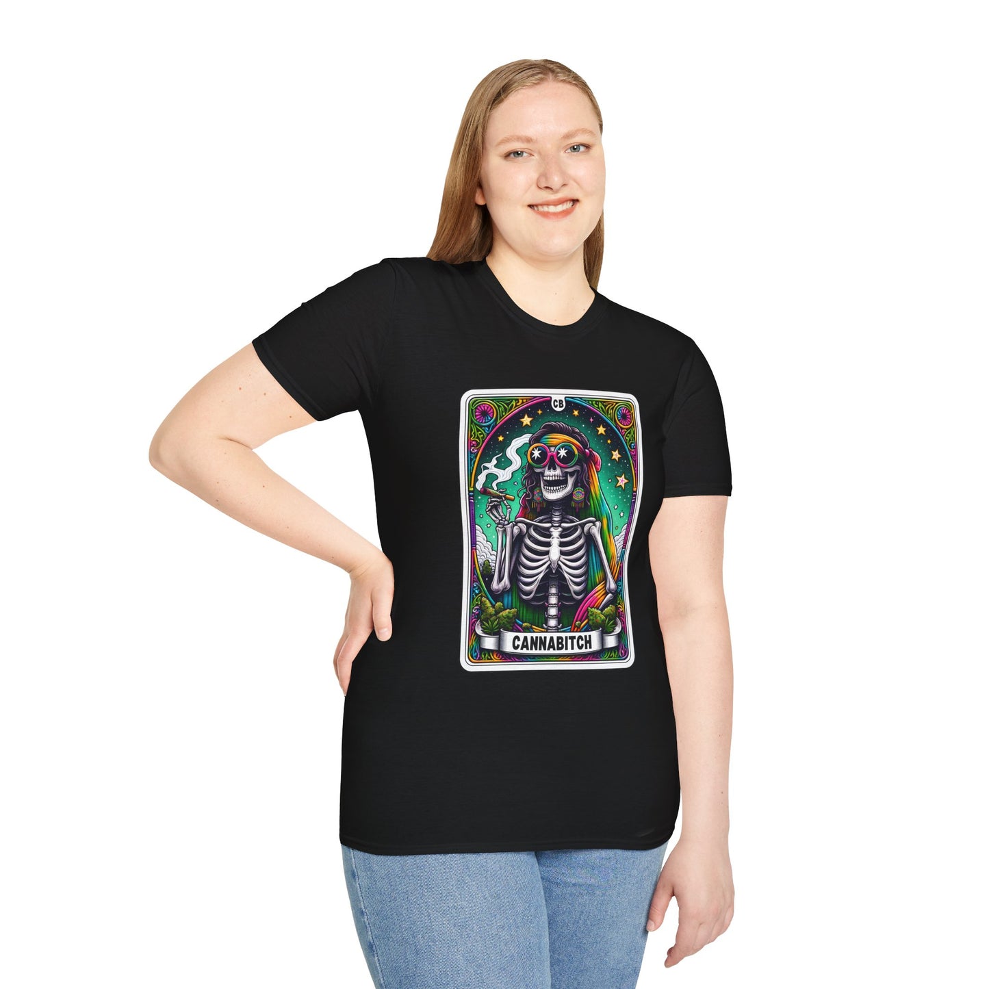 Psychedelic “Cannabitch” Tarot Skeleton T‑Shirt – Trippy Rainbow Weed Art for Stoner Queens