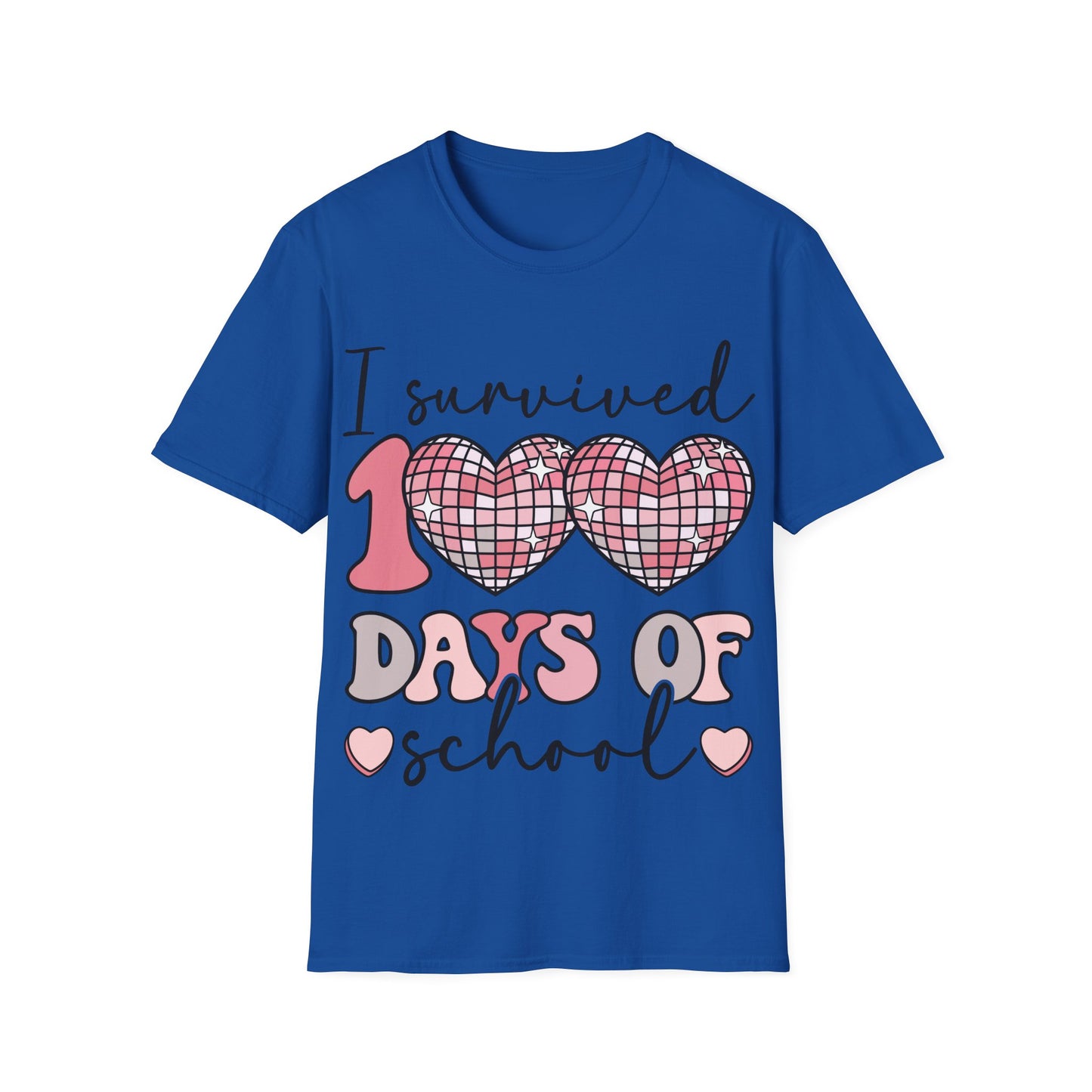 I Survived 100 Days of School Shirt | Funny Retro Disco Heart Tee | Pink 100th Day Teacher Gift | Humorous Student Outfit