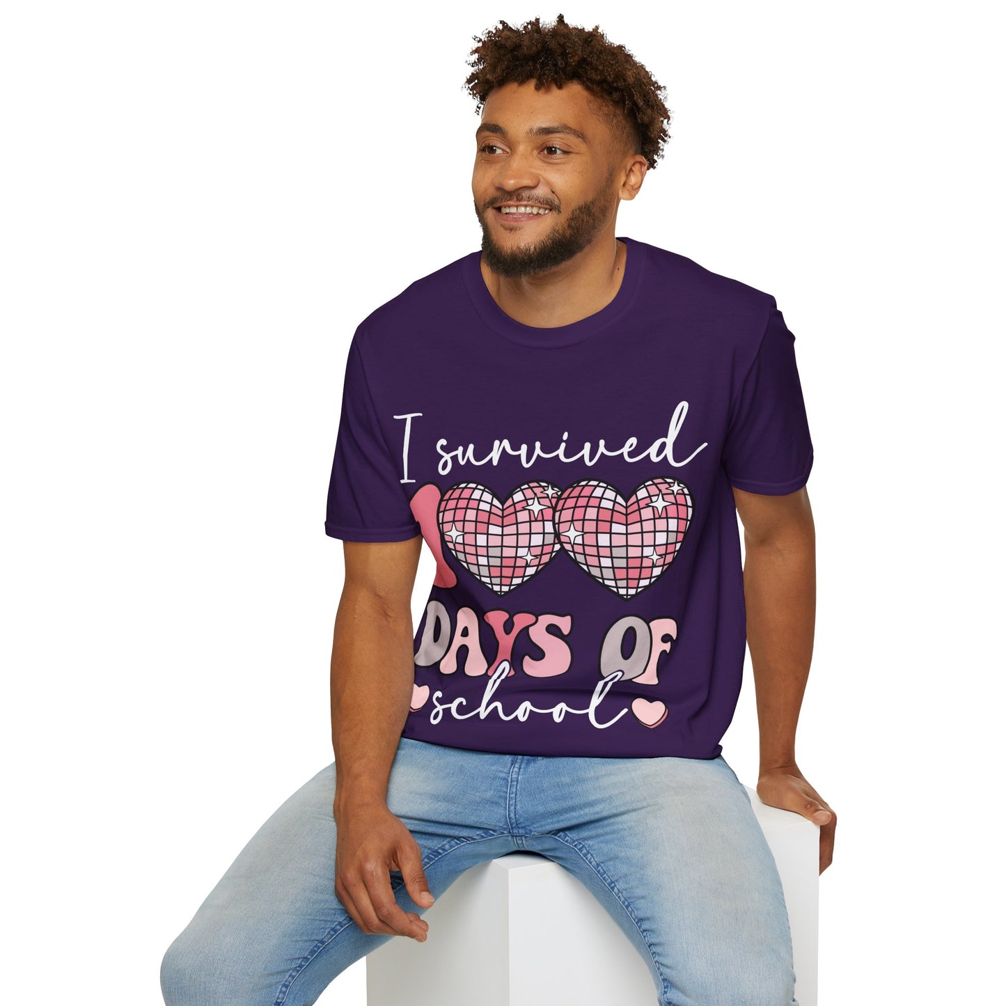I Survived 100 Days of School Shirt | Funny Retro Disco Heart Black Tee | Groovy Teacher Student Humor Gift