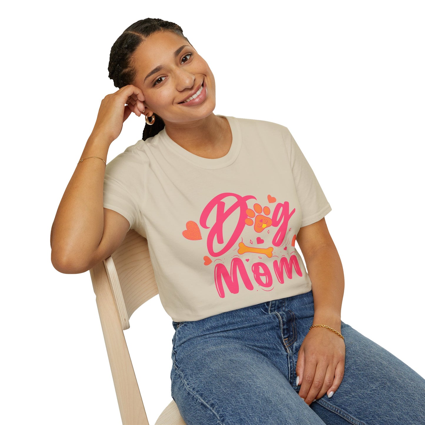 Cute Dog Mom T‑Shirt – Pink Hearts, Paw Print & Bone Graphic for Proud Pup Mamas