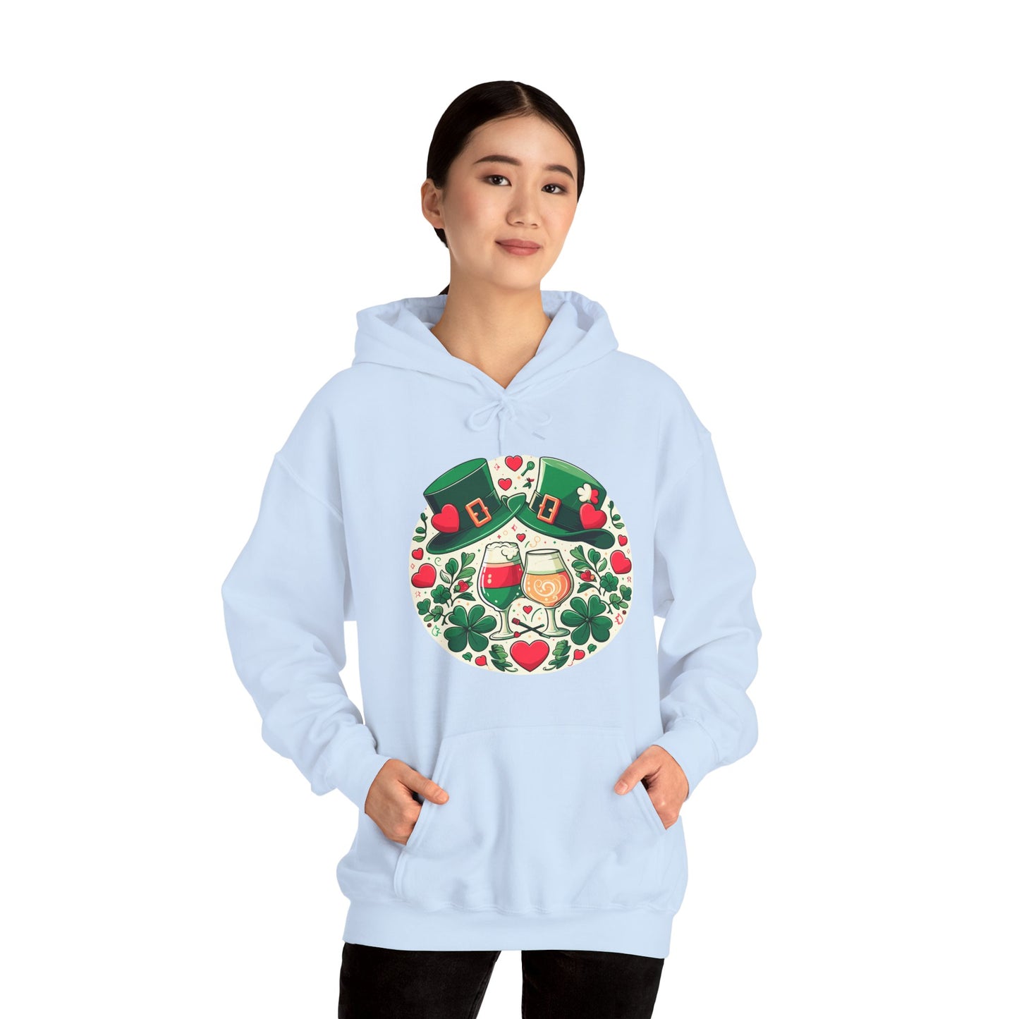 St. Patrick's Day Hoodie, Irish Celebration Beer Clover Heart Unisex Pullover