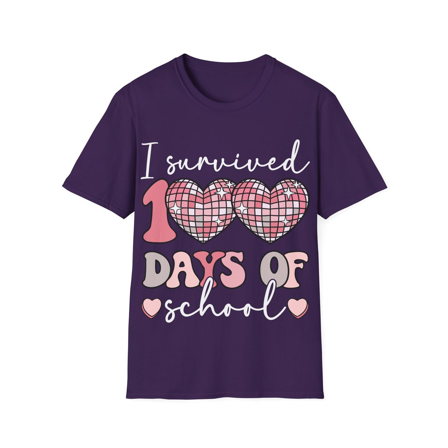 I Survived 100 Days of School Shirt | Funny Retro Disco Heart Black Tee | Groovy Teacher Student Humor Gift