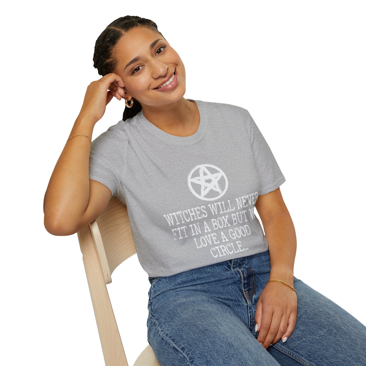 Witches Will Never Fit in a Box – Pentagram Circle Witchy T‑Shirt for Modern Coven Queens
