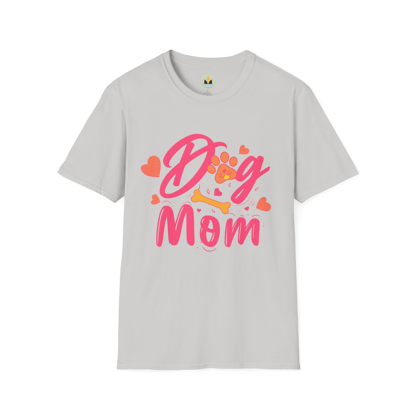 Cute Dog Mom T‑Shirt – Pink Hearts, Paw Print & Bone Graphic for Proud Pup Mamas
