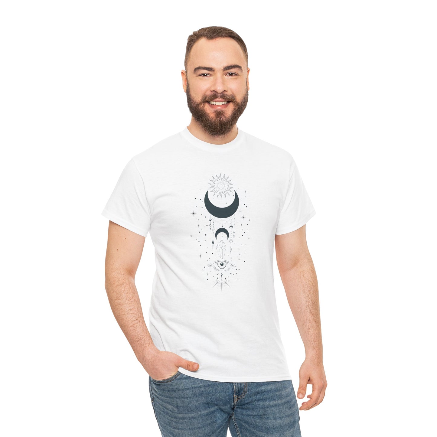 Celestial Moon & Sun Shirt | Boho Mystical Line Art Tee | Spiritual Astrology Gift | Heavy Cotton Unisex Top | Witchy Yoga T-Shirt
