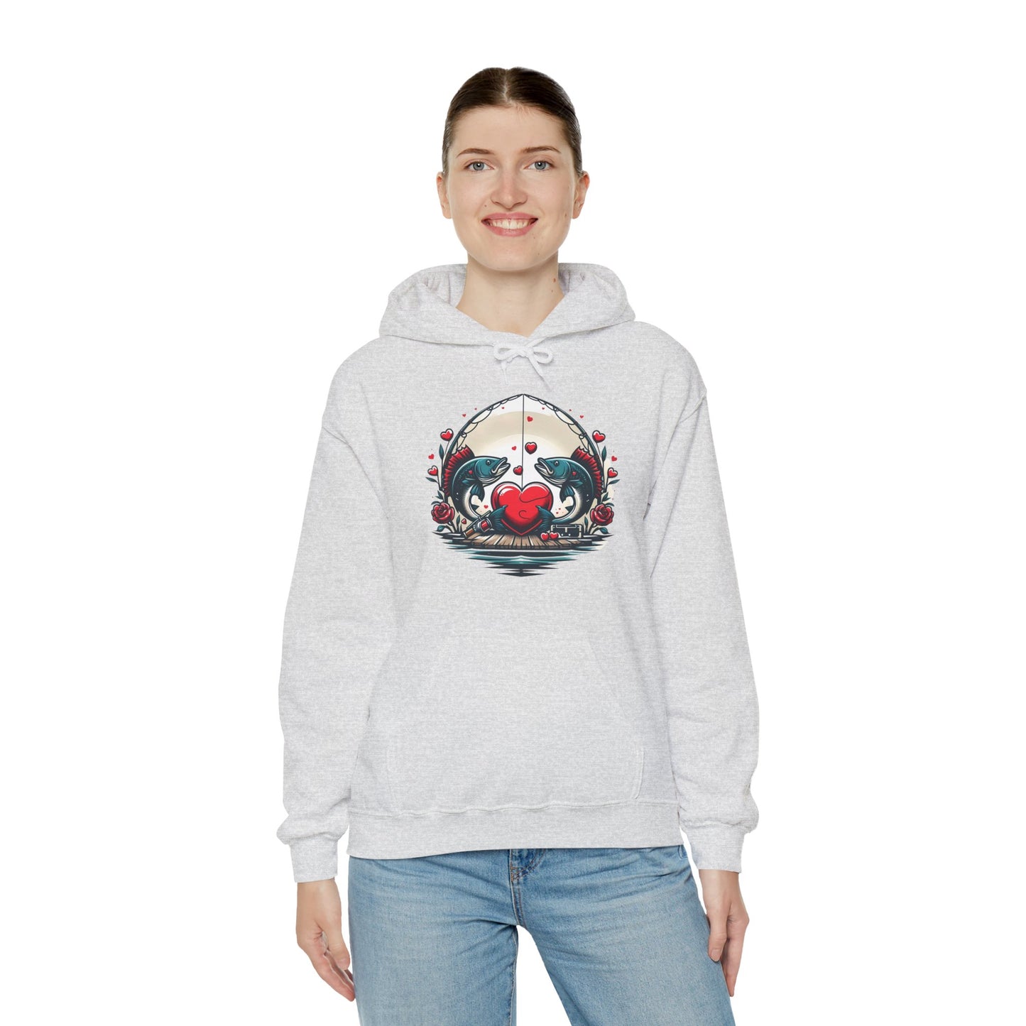 Unique Fish Love Heart Hoodie Unisex Fishing Themed Sweatshirt Graphic Hoodie With Rose Detail Romantic Angler Gift