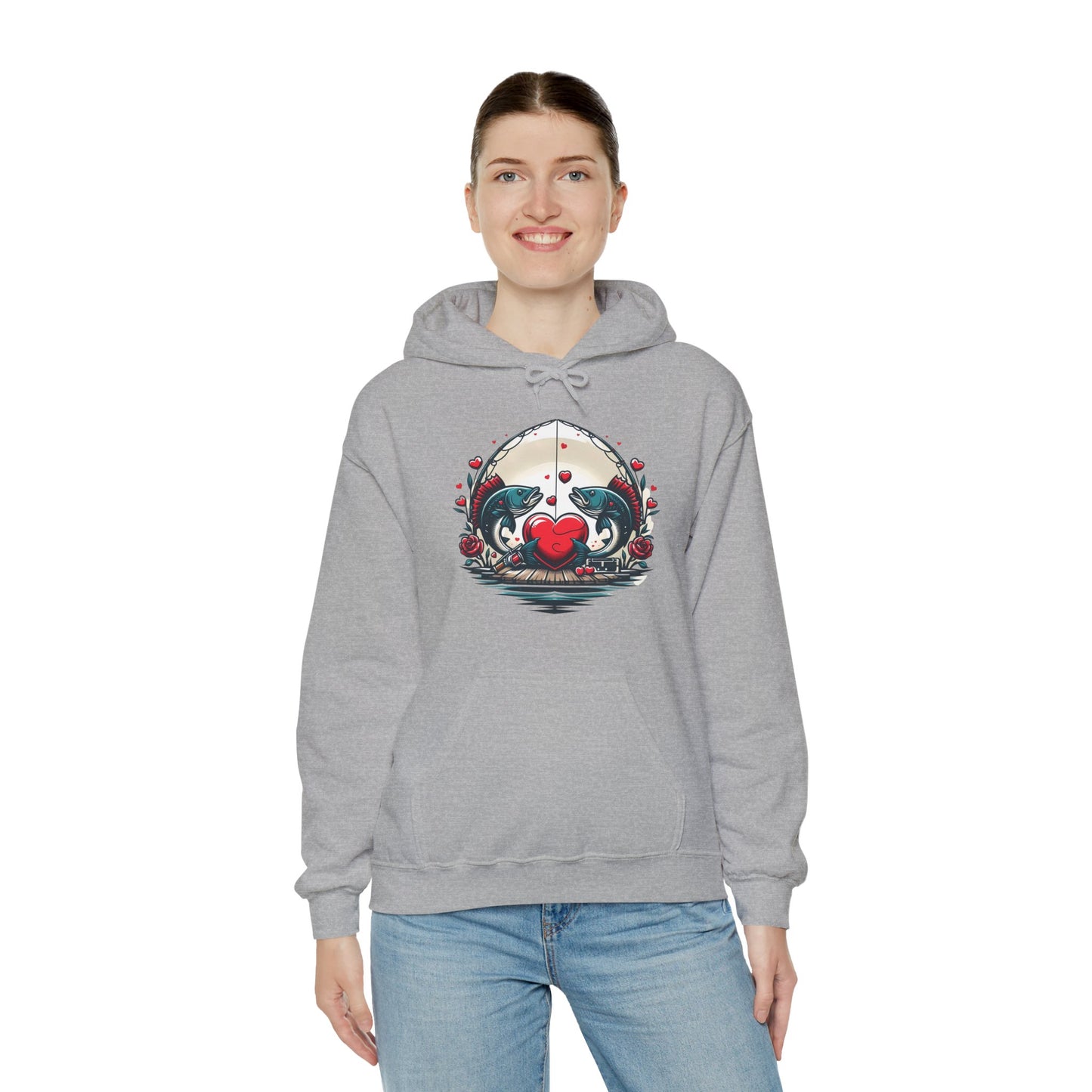 Unique Fish Love Heart Hoodie Unisex Fishing Themed Sweatshirt Graphic Hoodie With Rose Detail Romantic Angler Gift