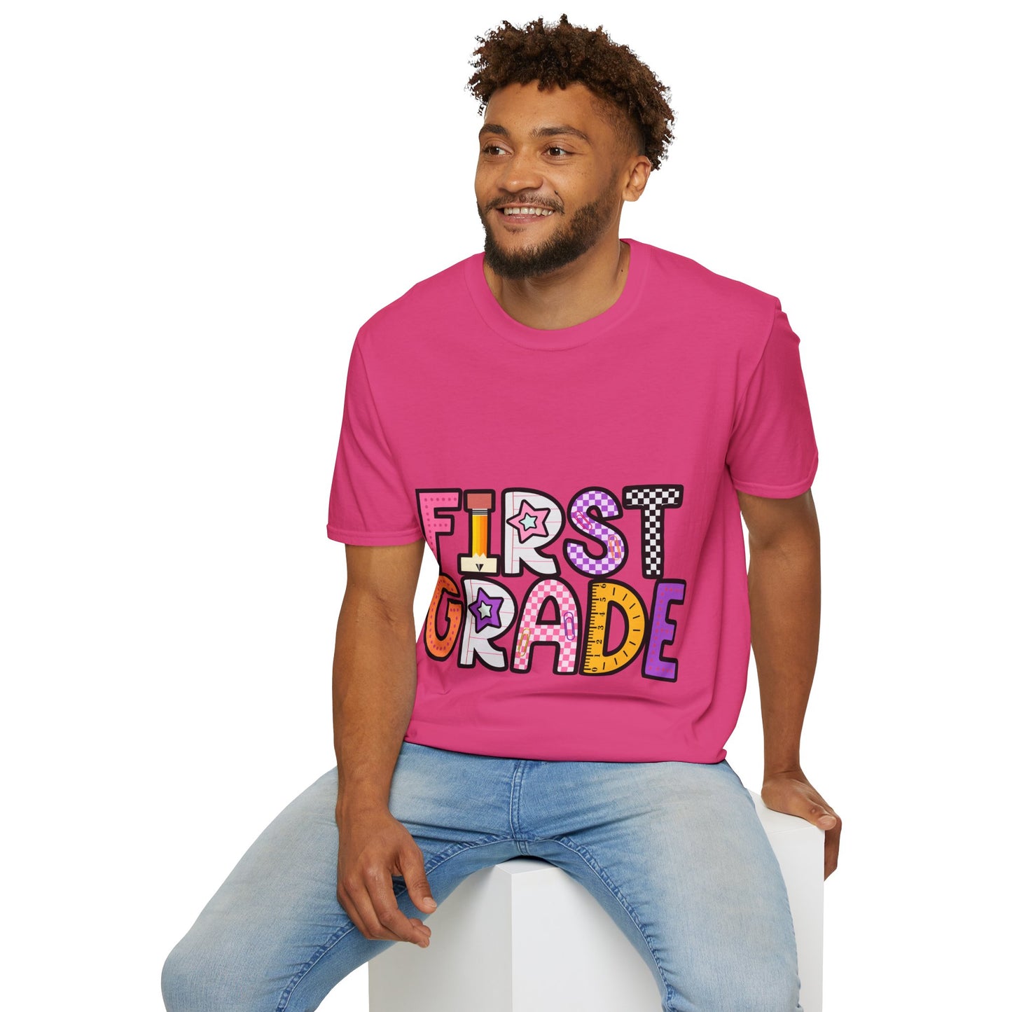 First Grade Shirt | Retro Groovy Teacher Team Tee | Colorful 1st Grade Back to School Outfit | Star Lightning Checkered Gift