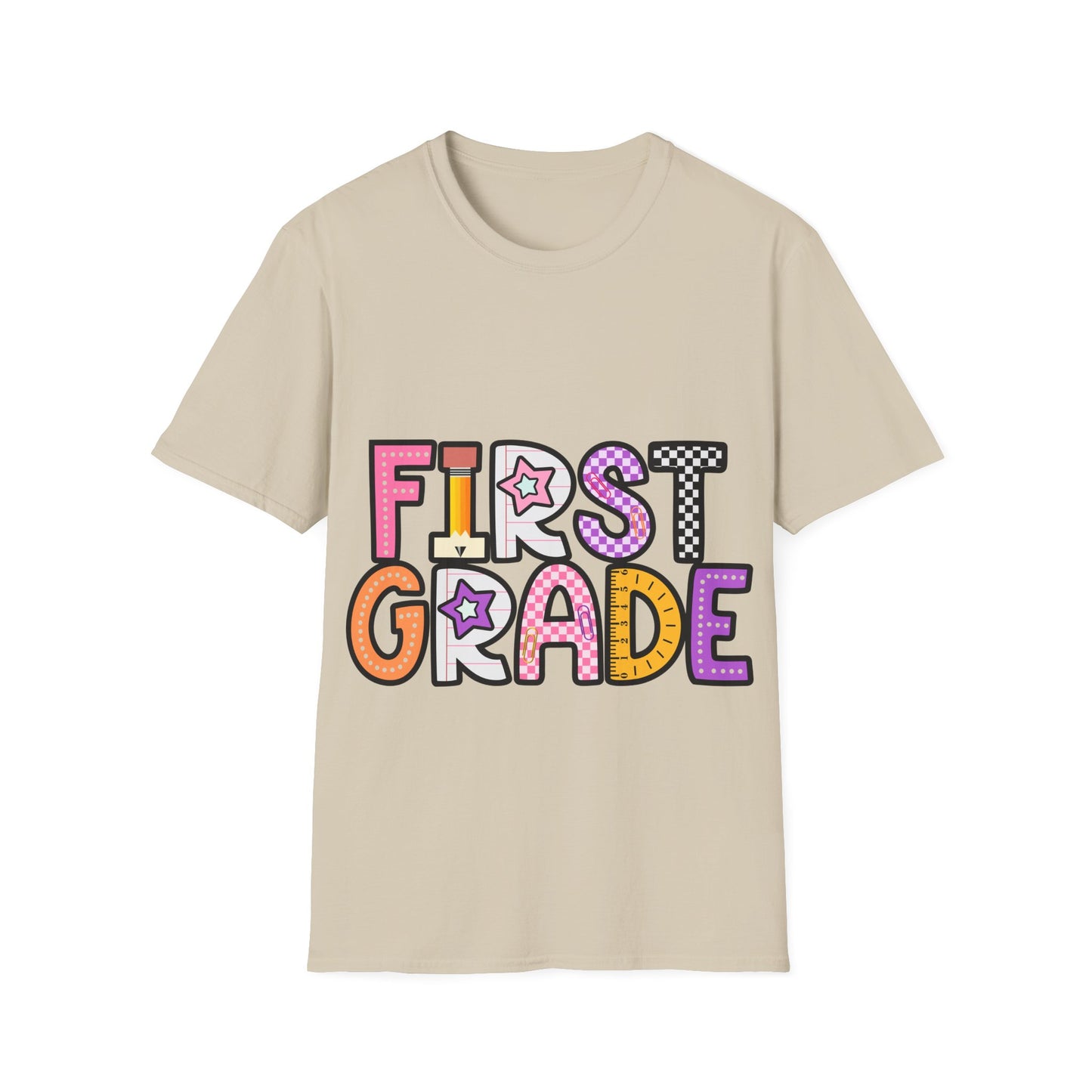 First Grade Shirt | Retro Groovy Teacher Team Tee | Colorful 1st Grade Back to School Outfit | Star Lightning Checkered Gift