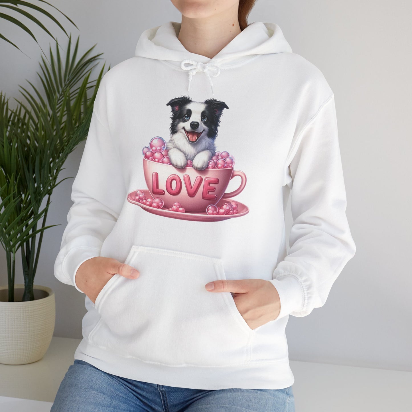 Viral Puppy Love Border Collie Hoodie - Cute Dog in Pink Cup Graphic Unisex Sweatshirt - Adorable Gift for Border Collie Lovers