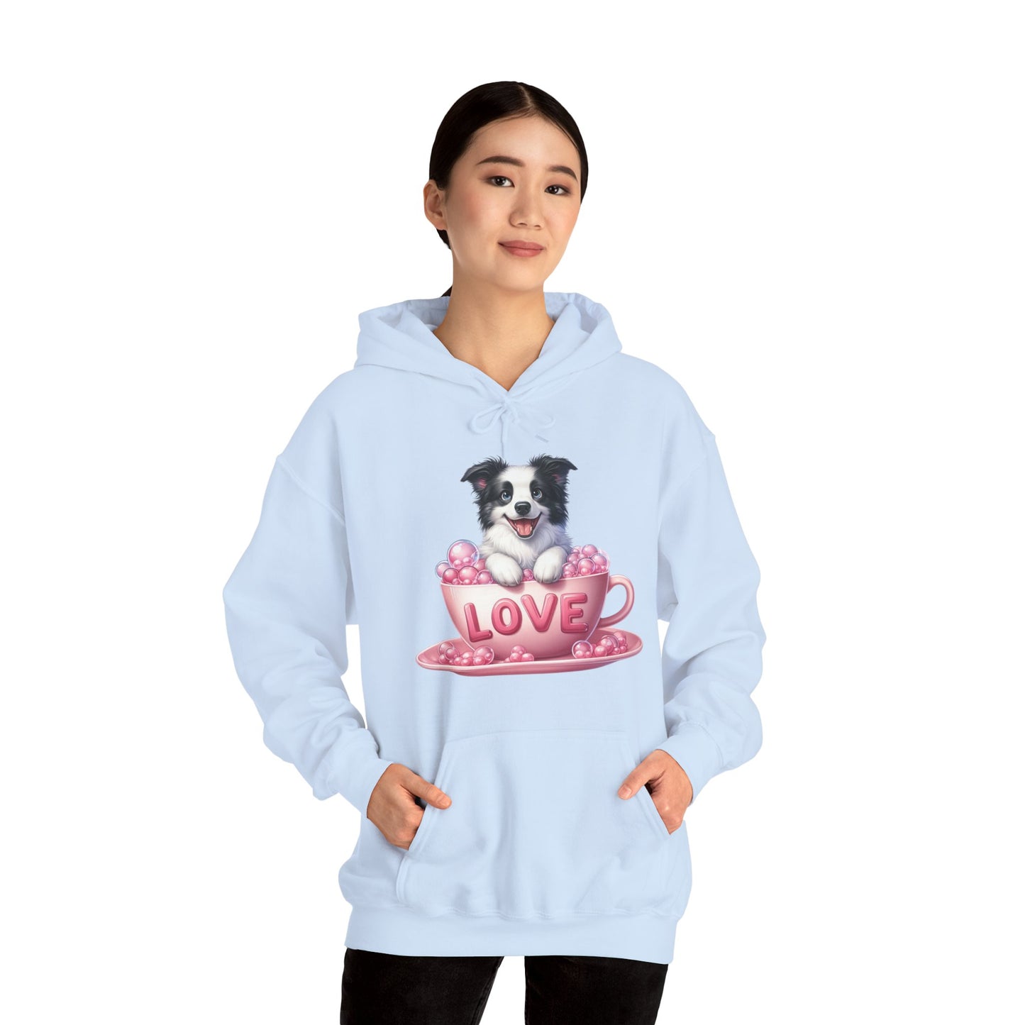 Viral Puppy Love Border Collie Hoodie - Cute Dog in Pink Cup Graphic Unisex Sweatshirt - Adorable Gift for Border Collie Lovers
