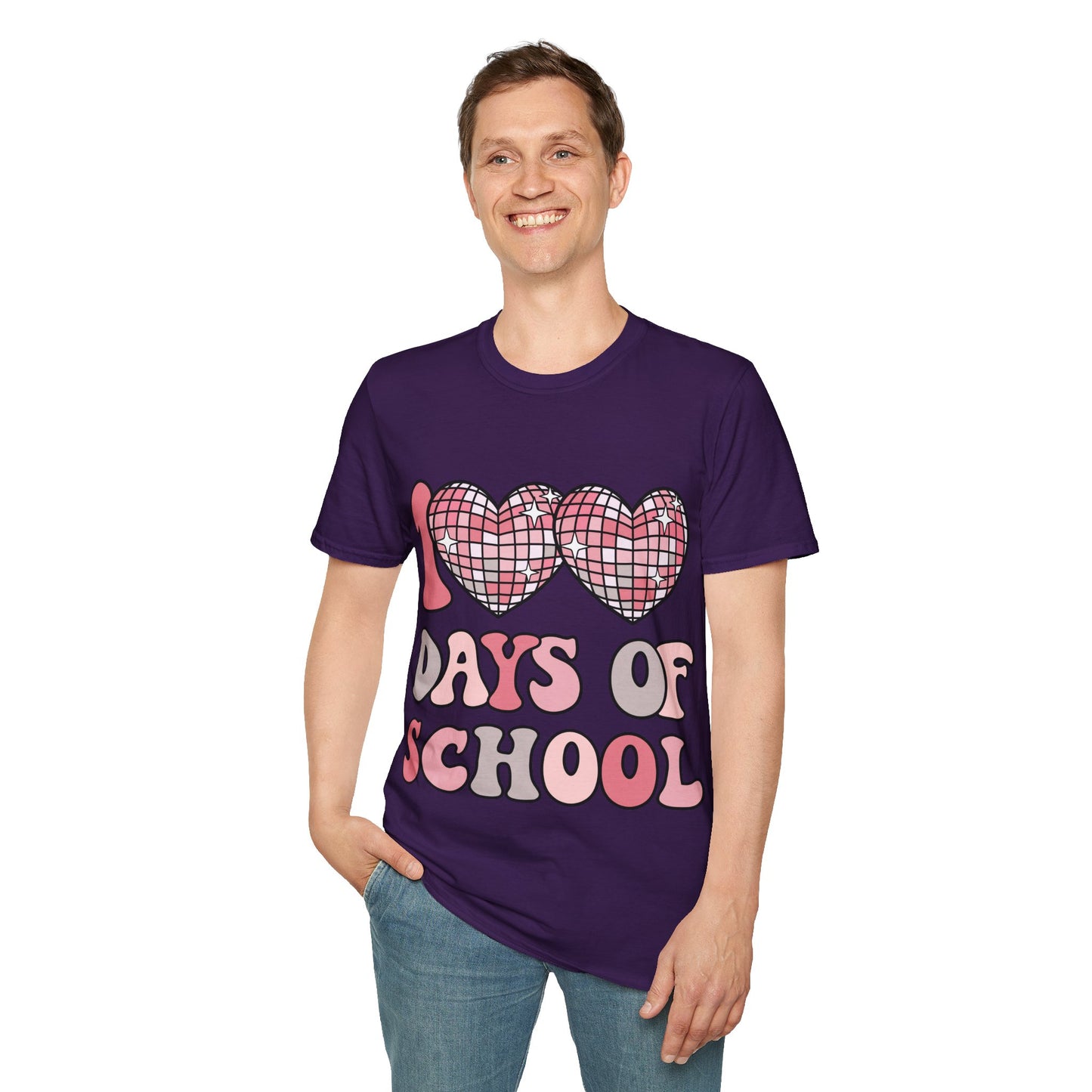 00 Days of School Shirt | Retro Pink Disco Hearts Tee | Vintage Bubble Letter Teacher & Student Top | Soft Ring-Spun Cotton Gift