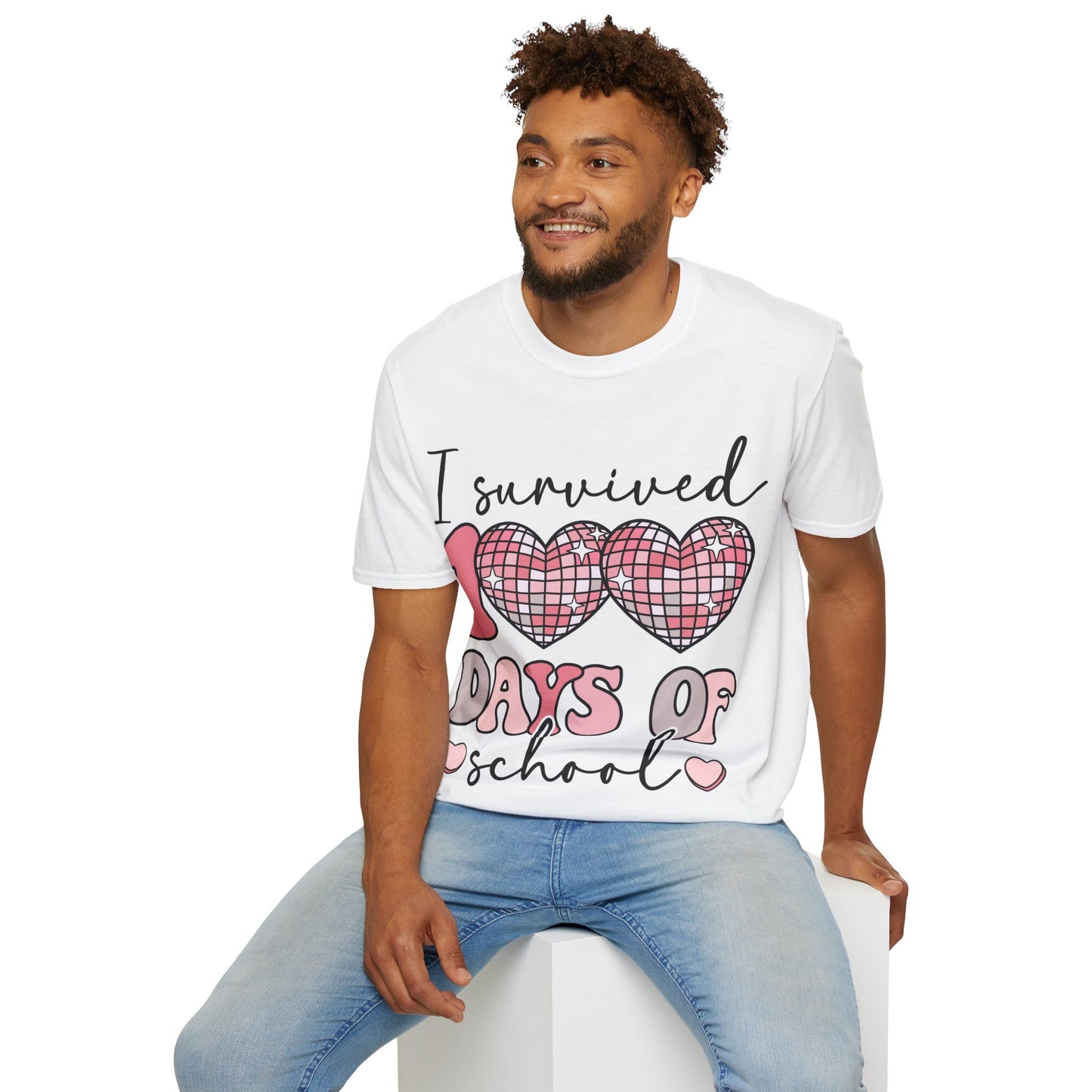 I Survived 100 Days of School Shirt | Funny Retro Disco Heart Tee | Pink 100th Day Teacher Gift | Humorous Student Outfit