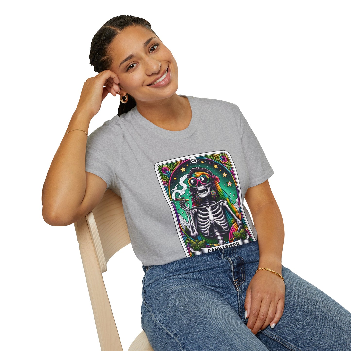 Psychedelic “Cannabitch” Tarot Skeleton T‑Shirt – Trippy Rainbow Weed Art for Stoner Queens