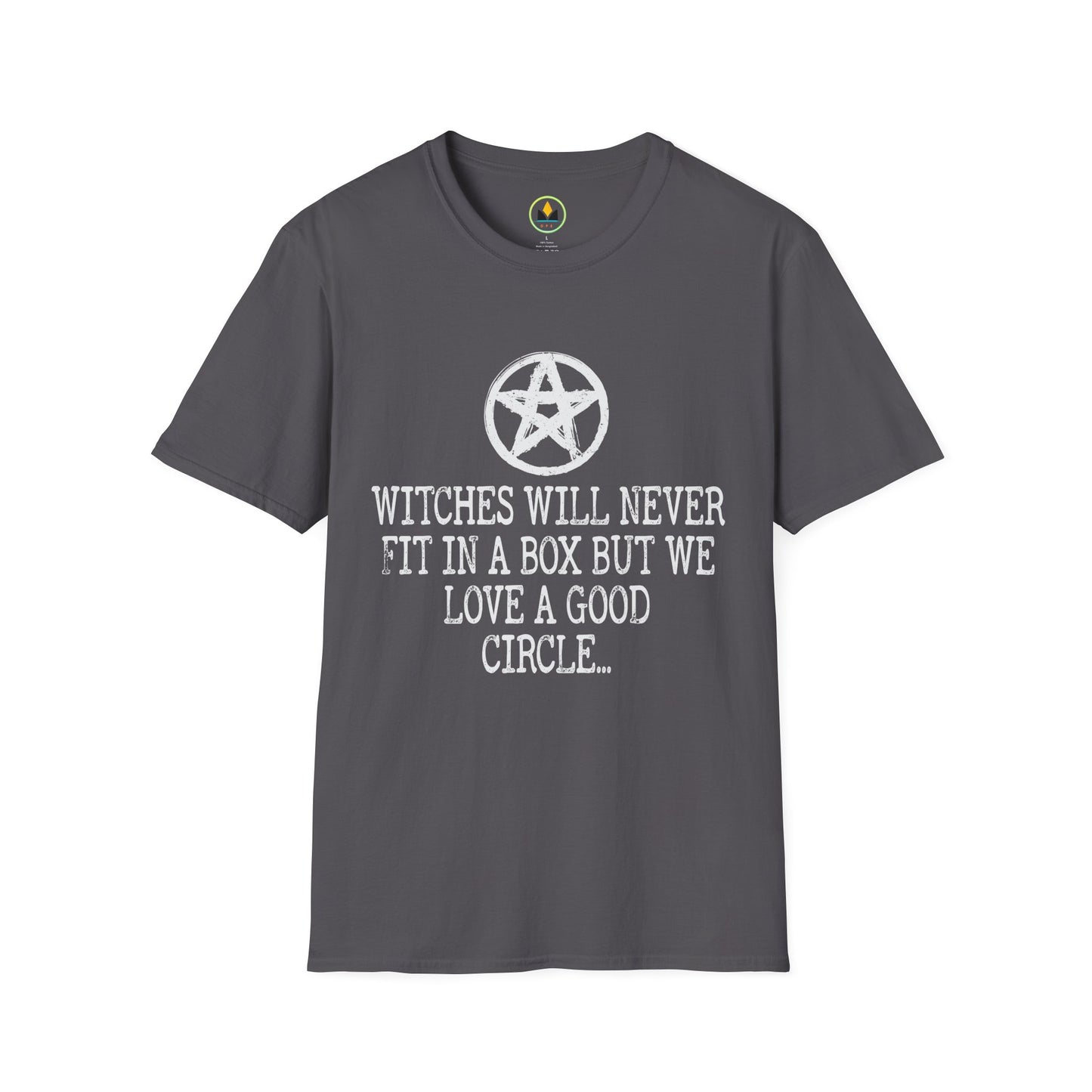 Witches Will Never Fit in a Box – Pentagram Circle Witchy T‑Shirt for Modern Coven Queens
