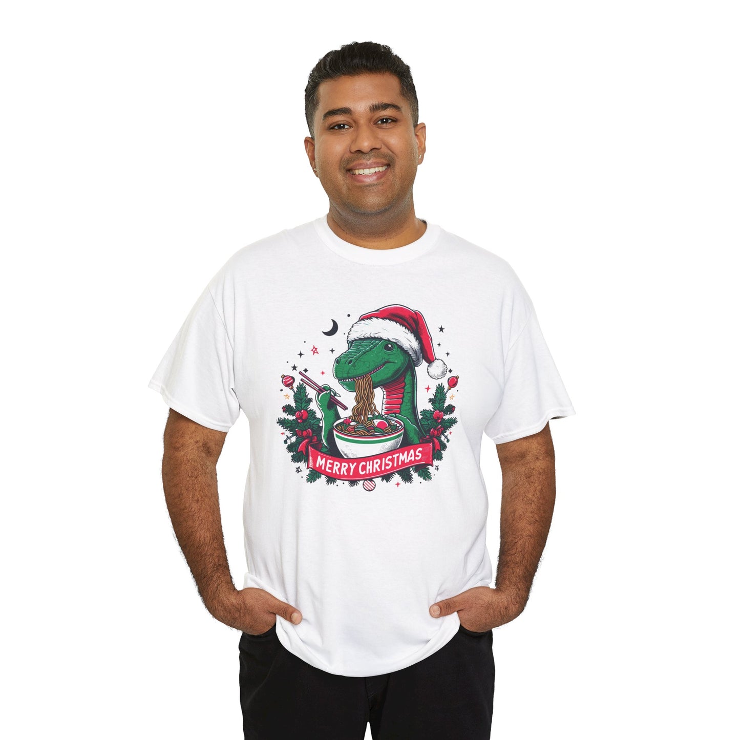 Festive Dinosaur Enjoying Ramen: A Merry Christmas Greetings Unisex Tee
