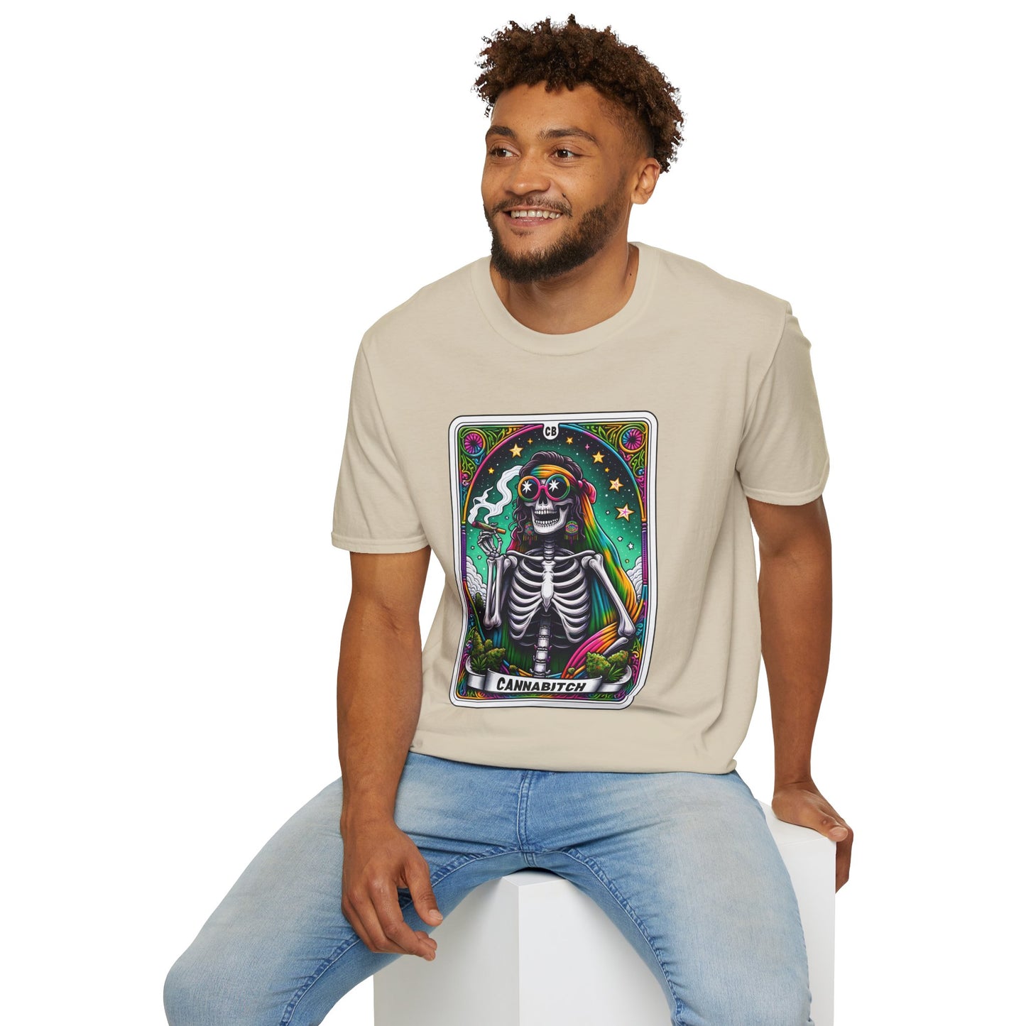 Psychedelic “Cannabitch” Tarot Skeleton T‑Shirt – Trippy Rainbow Weed Art for Stoner Queens
