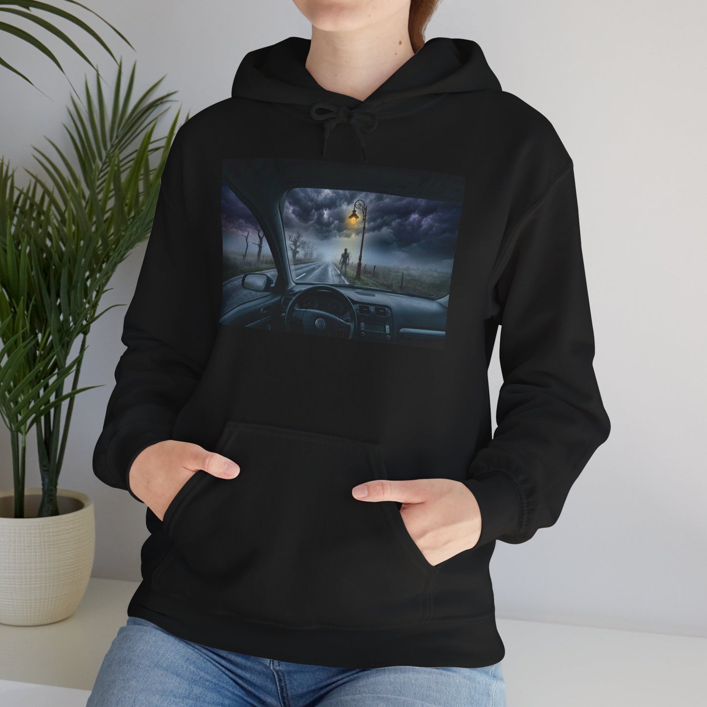 Roadside Encounter Hoodie | Eerie Figure on a Foggy Country Road