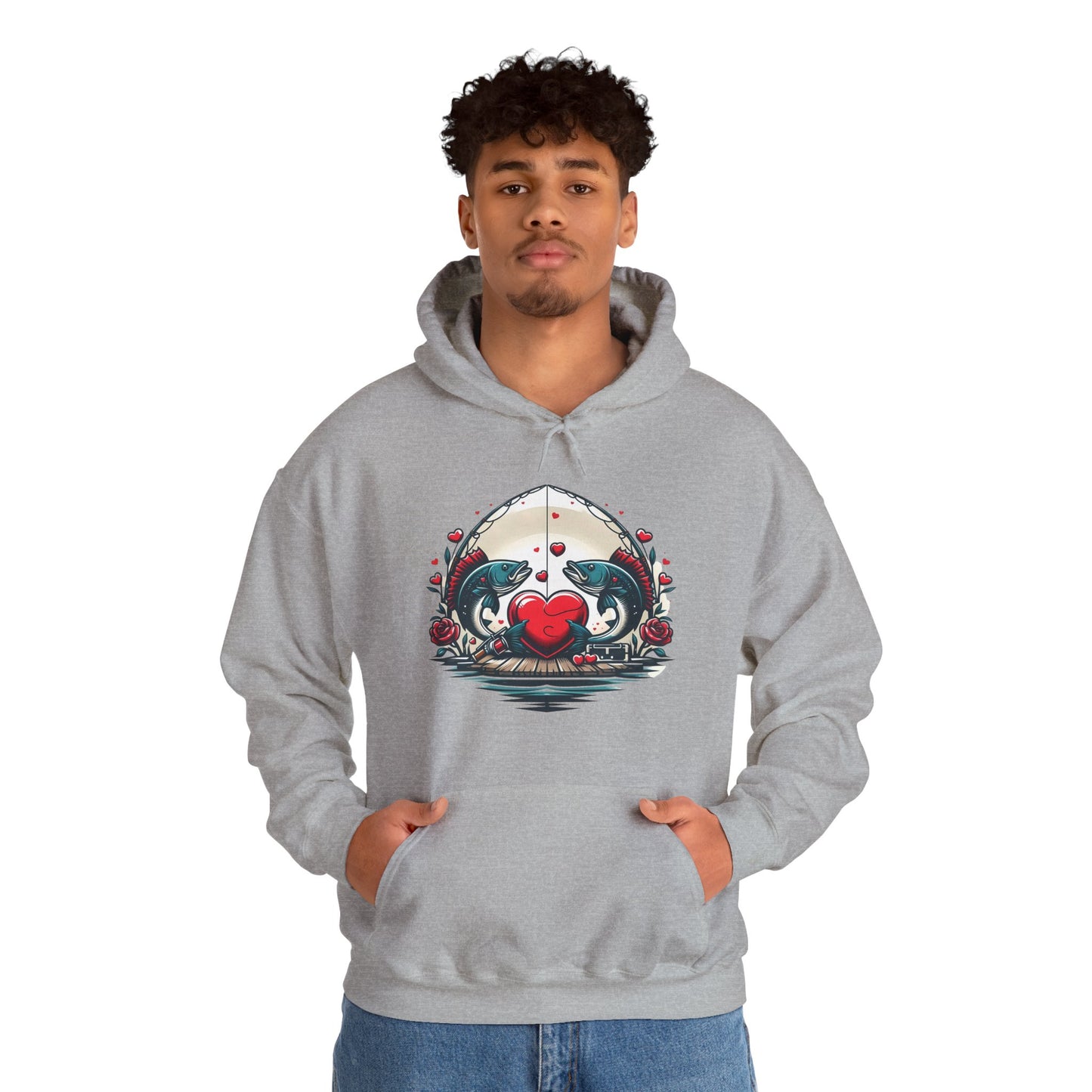 Unique Fish Love Heart Hoodie Unisex Fishing Themed Sweatshirt Graphic Hoodie With Rose Detail Romantic Angler Gift