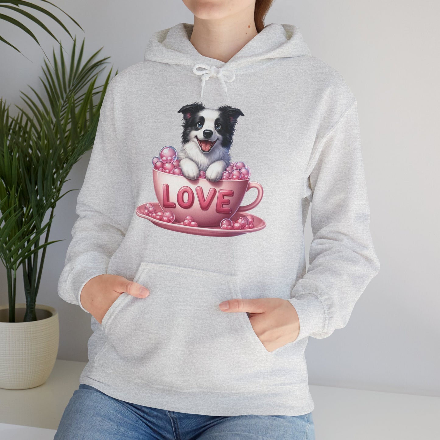 Viral Puppy Love Border Collie Hoodie - Cute Dog in Pink Cup Graphic Unisex Sweatshirt - Adorable Gift for Border Collie Lovers
