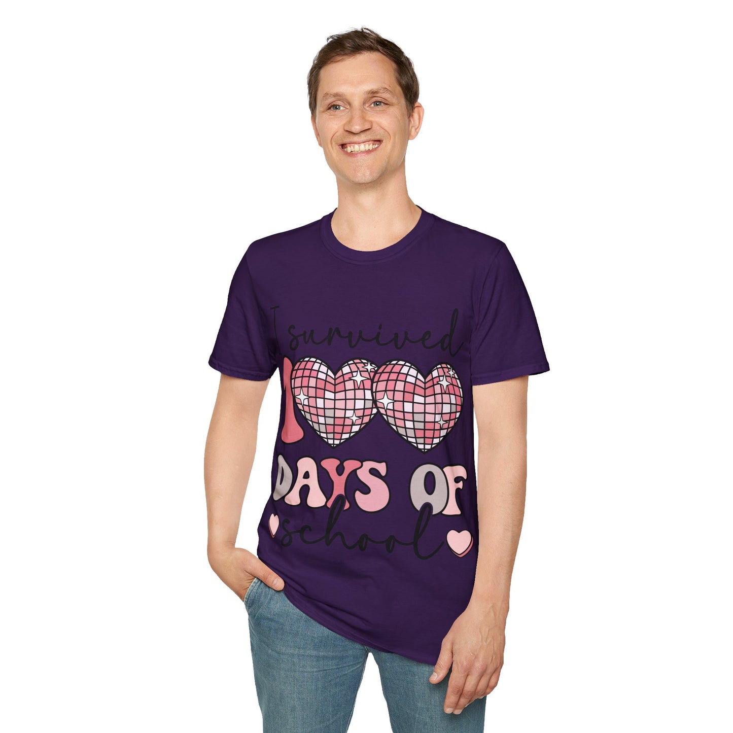 I Survived 100 Days of School Shirt | Funny Retro Disco Heart Tee | Pink 100th Day Teacher Gift | Humorous Student Outfit