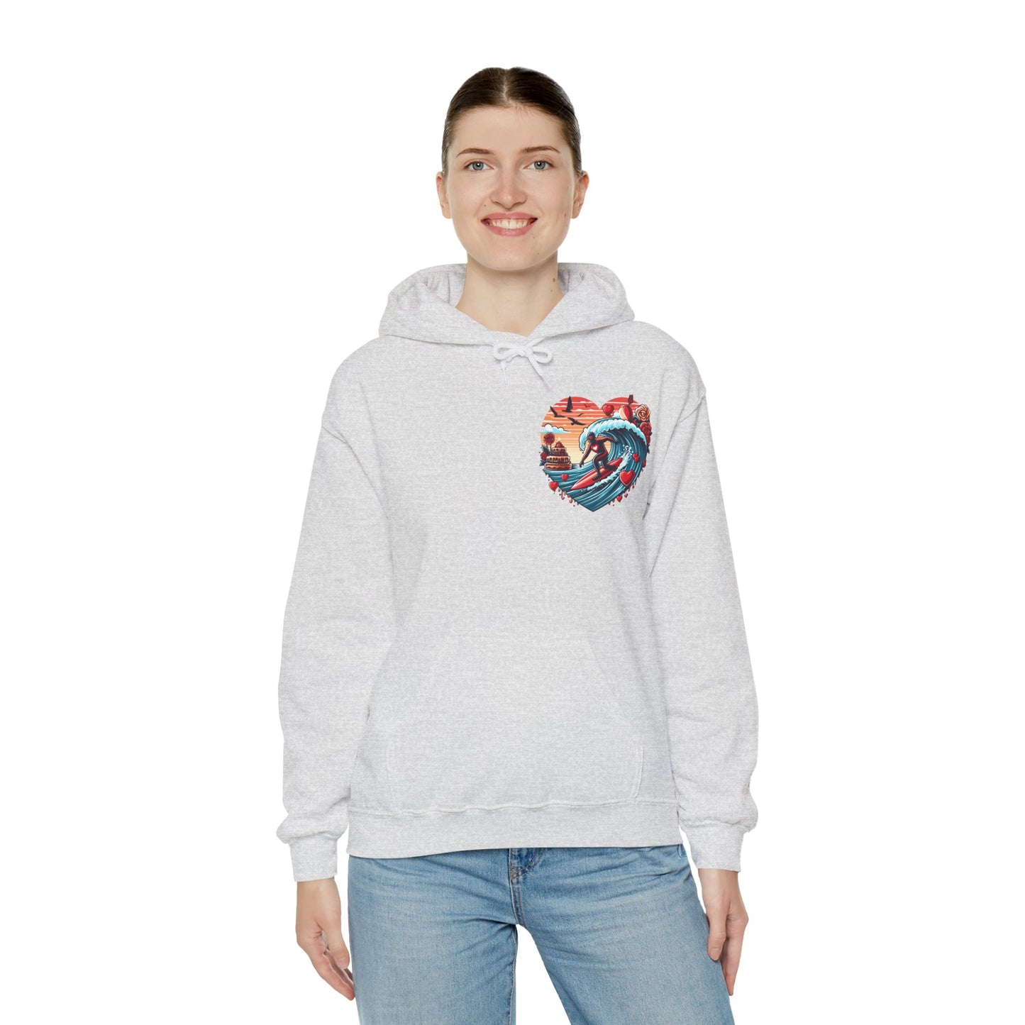 Surfing Love Heart Hoodie Surfer Wave Unisex Sweatshirt - Viral Romantic Beach Gift
